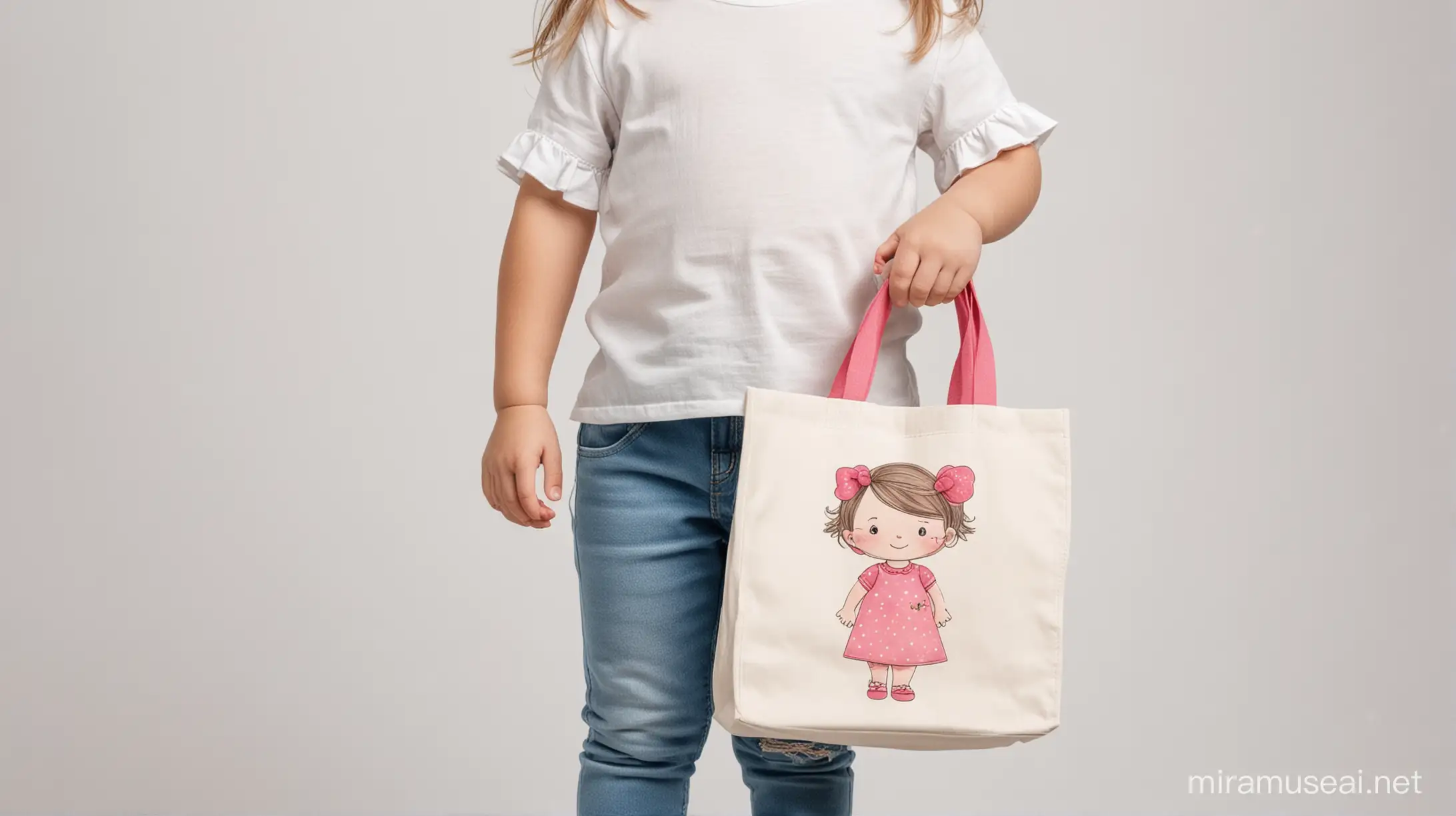 toddler girl holding tote shopping bag  front view 
 white background photo mockup