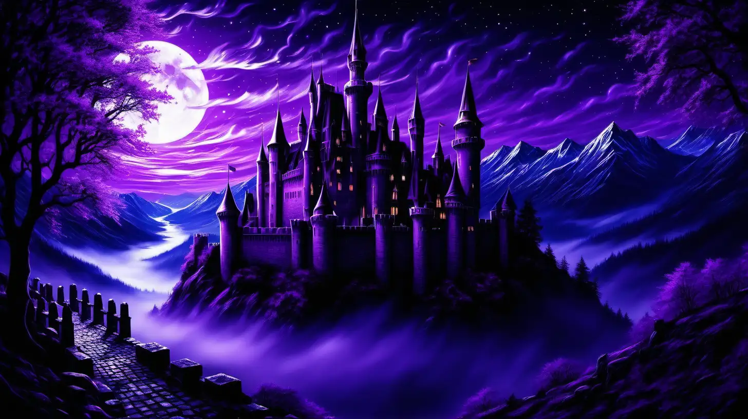 Enchanting Purple Night Castle Wallpaper Magical Fortress in the Moonlight