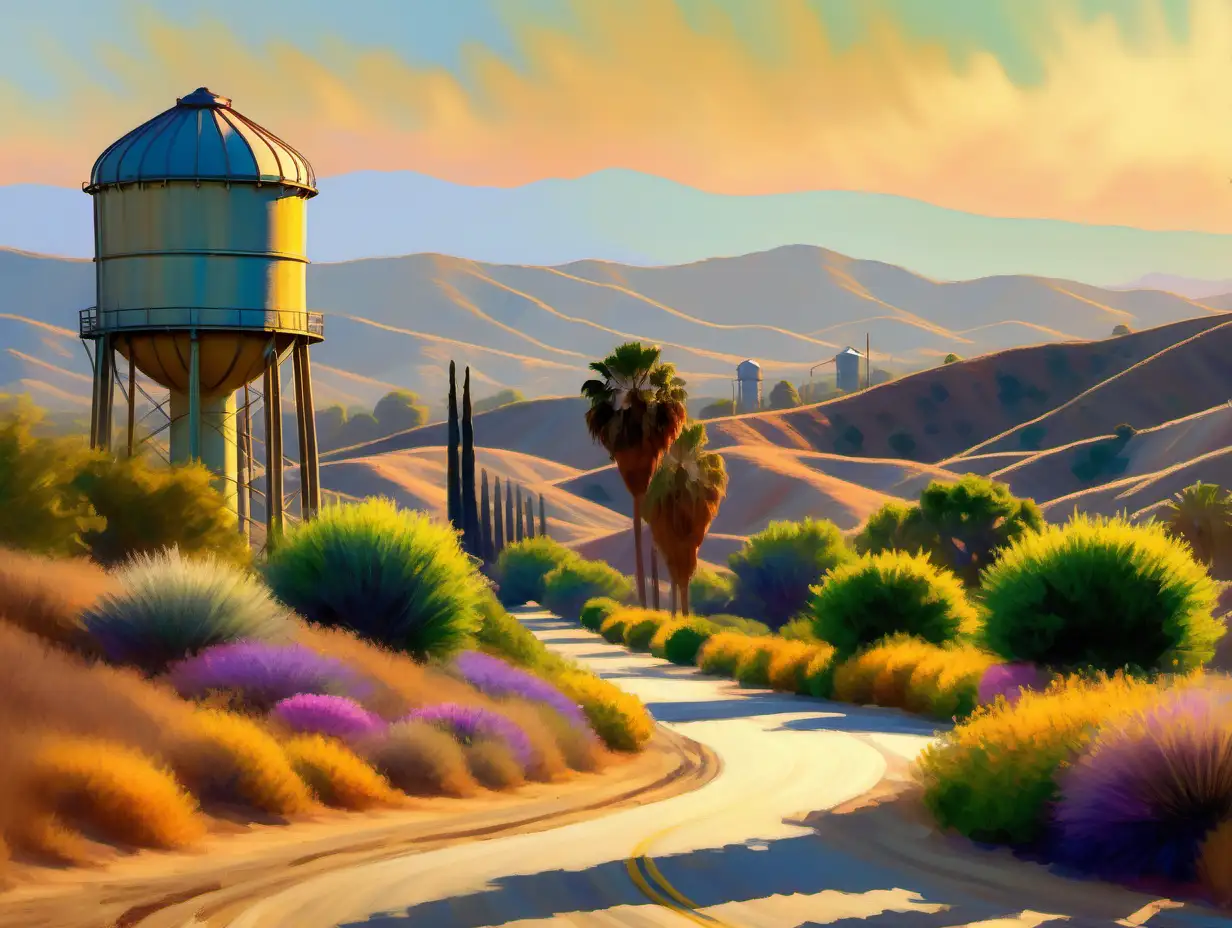 southern California landscape in style of monet with hills in distance, winding sandy road, a water tower on homestead property late afternoon lighting
