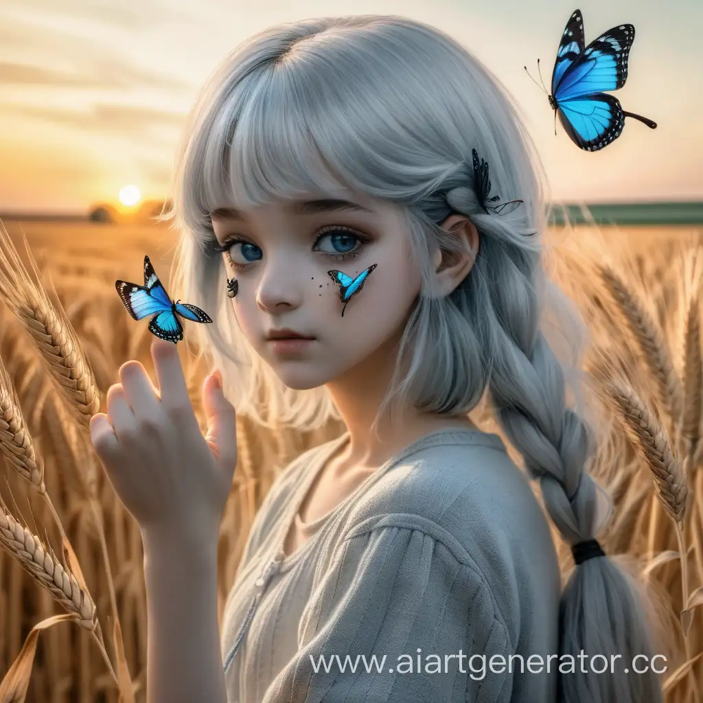 девушка с бежево-серой кожей,с чёрными глазами и с светло-серыми волосами,голубая бабочка сидит на её пальце,на фоне пшеничное поле с закатом
