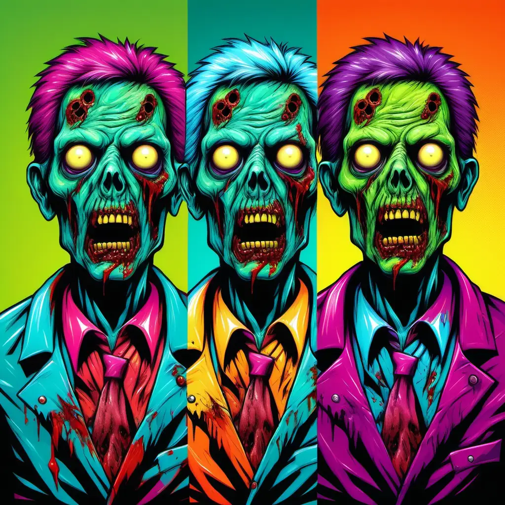 4 exact same Zombie, in different colors, expressive and bold colors, pop-art style, 