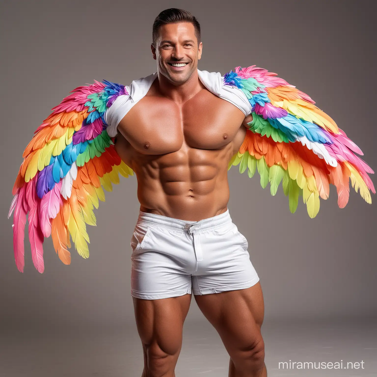 Full Body to feet Topless 30s Ultra Chunky IFBB Bodybuilder Daddy with Great Smiles wearing Multi-Highlighter Bright Rainbow Coloured with white See Through Eagle Wings Shoulder Jacket Short shorts Flexing his Big Strong Arm