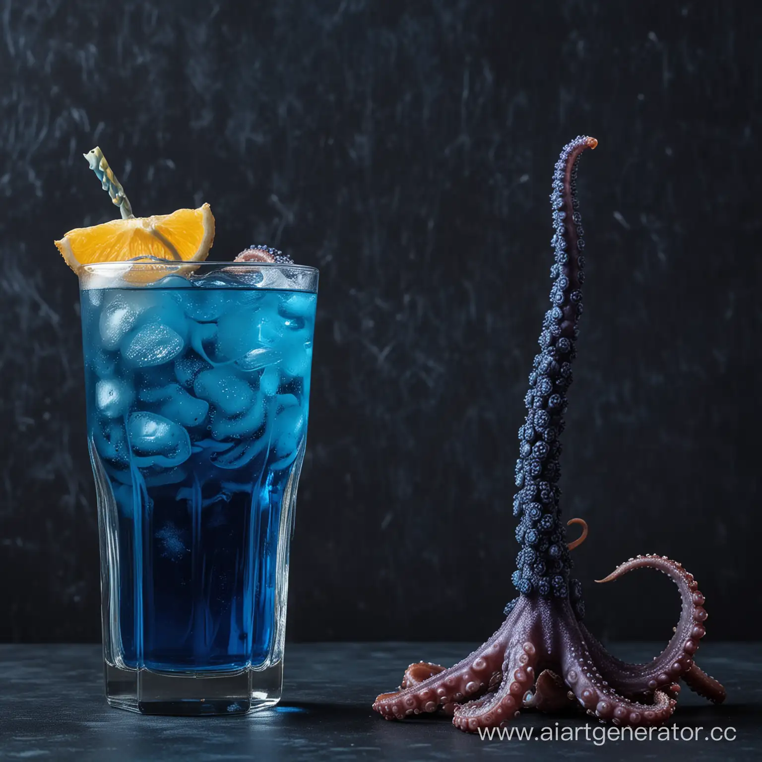 Vibrant-Cocktail-Beside-Octopus-Tentacle-on-Dark-Blue-Background