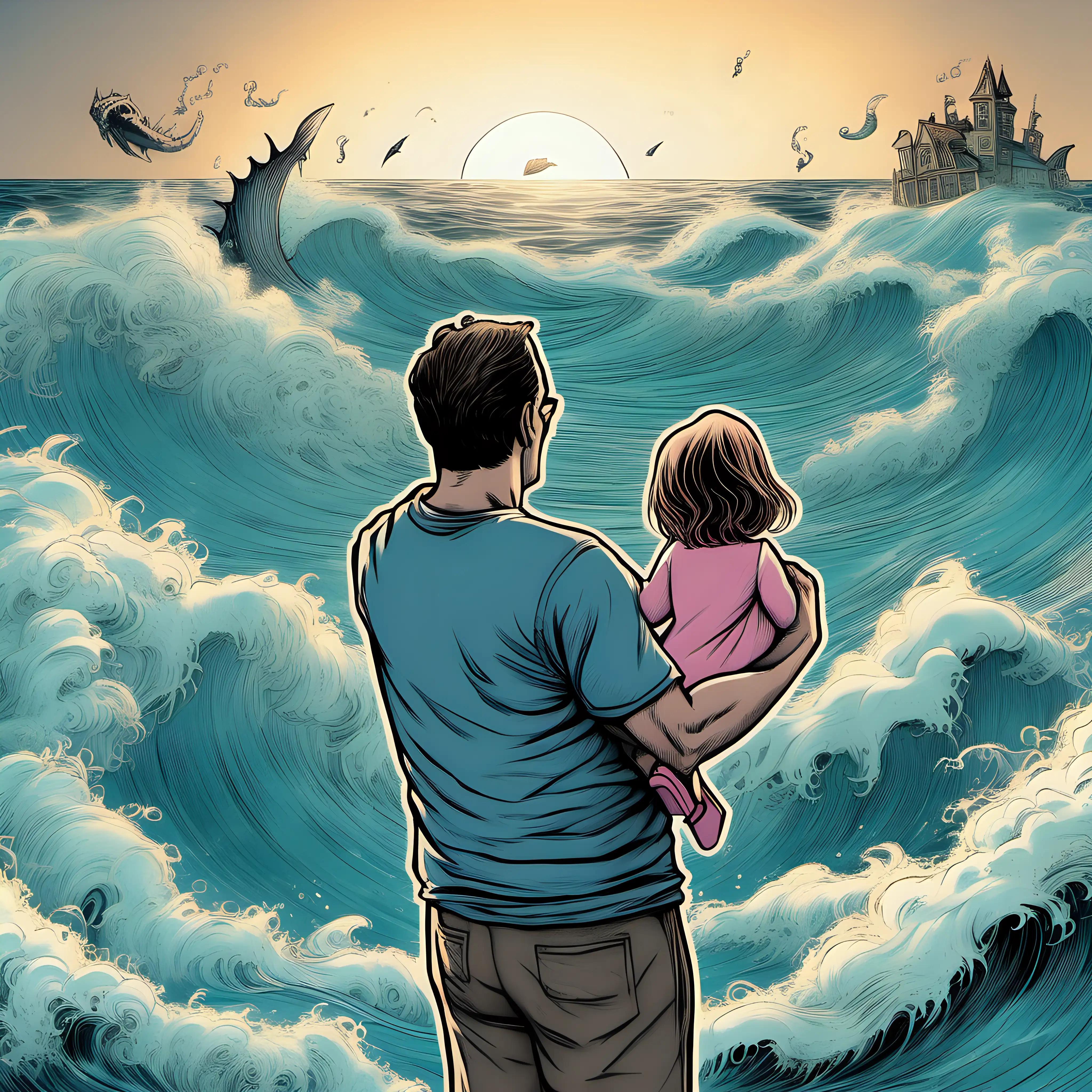 un tată care ține pe brațe o fetiță și îi citește dintr-o carte de povești, ambii sunt cu spatele iar în fundal se  vede o mare albastră cu valuri imense și plină de monștri