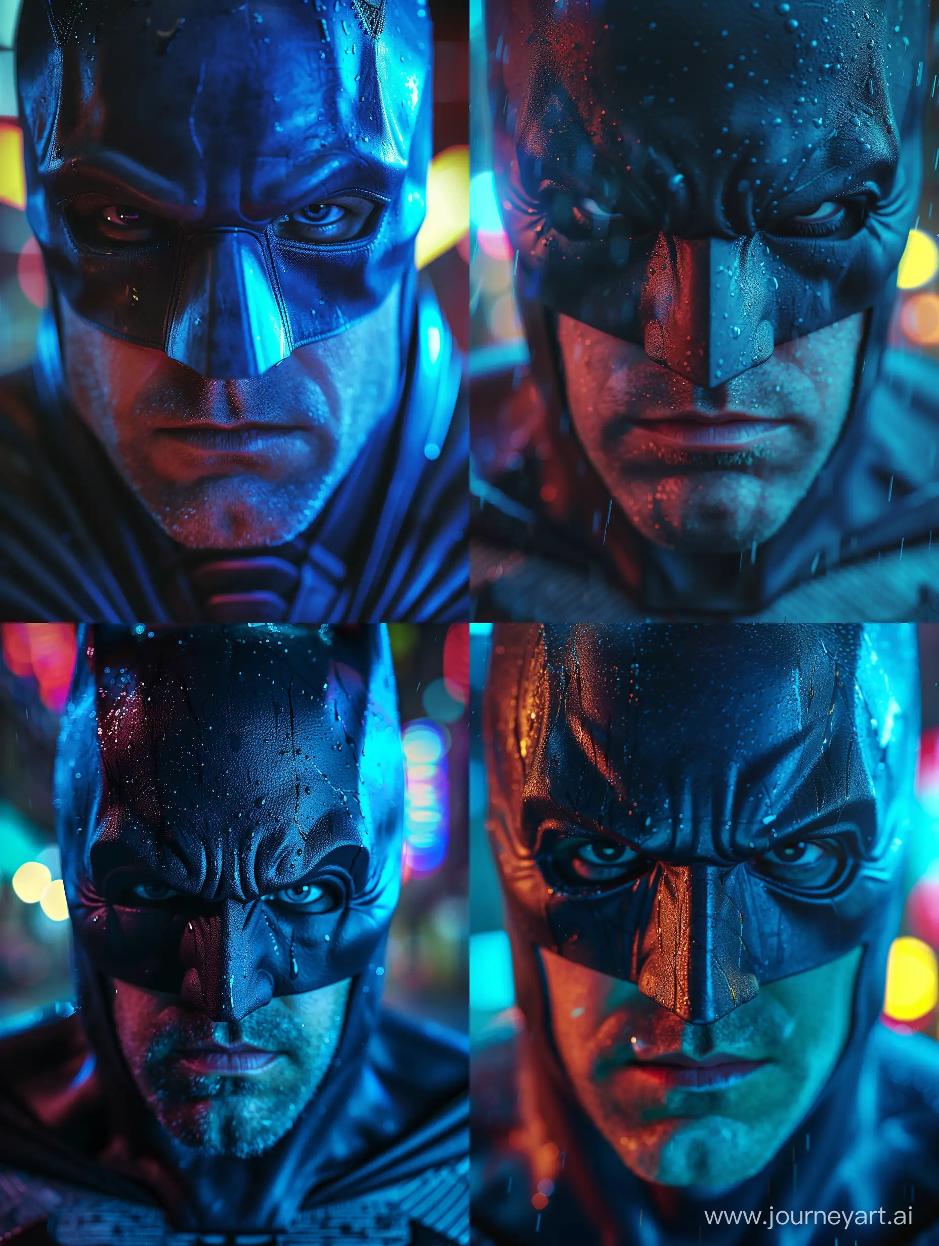 Very very extreme absurde fantastic the batman   extreme closeup with fisheye dynamic camera angle dramatic blue light neon effect colorful fashion shoot highly detailed --ar 3:4 --style raw --stylize 500 --v 6