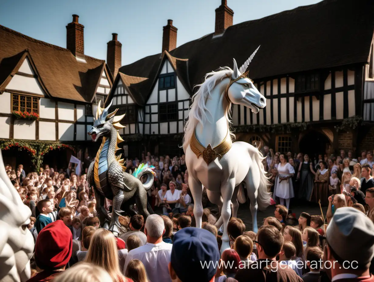 A dragon, a griffin and a unicorn in front of a crowd in a Tudor village.