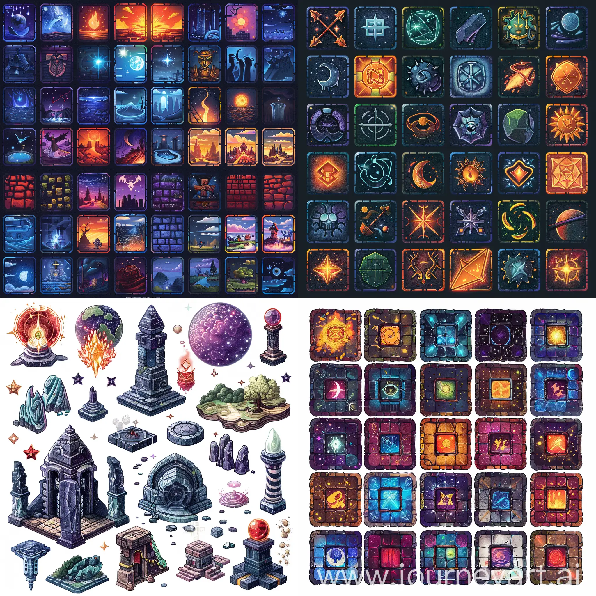 2D fantasy rpg game,  rpg tile set, multiple rpg set of sprites, 2D game sprites, game assets, simple 2D illustration, celestial, magical, fantasy
