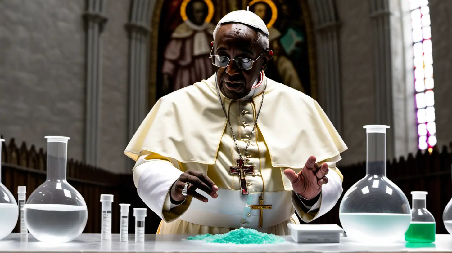 an african pope in all white while acting as a scientist making fentanyl in a lab with cathedral ceilings



