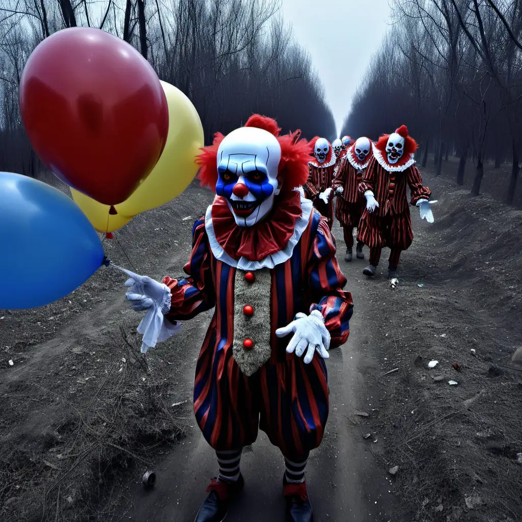 Eccentric Carnival Whimsical Clowns Menacing Skulls and Balloons Amidst Ukraines Strife