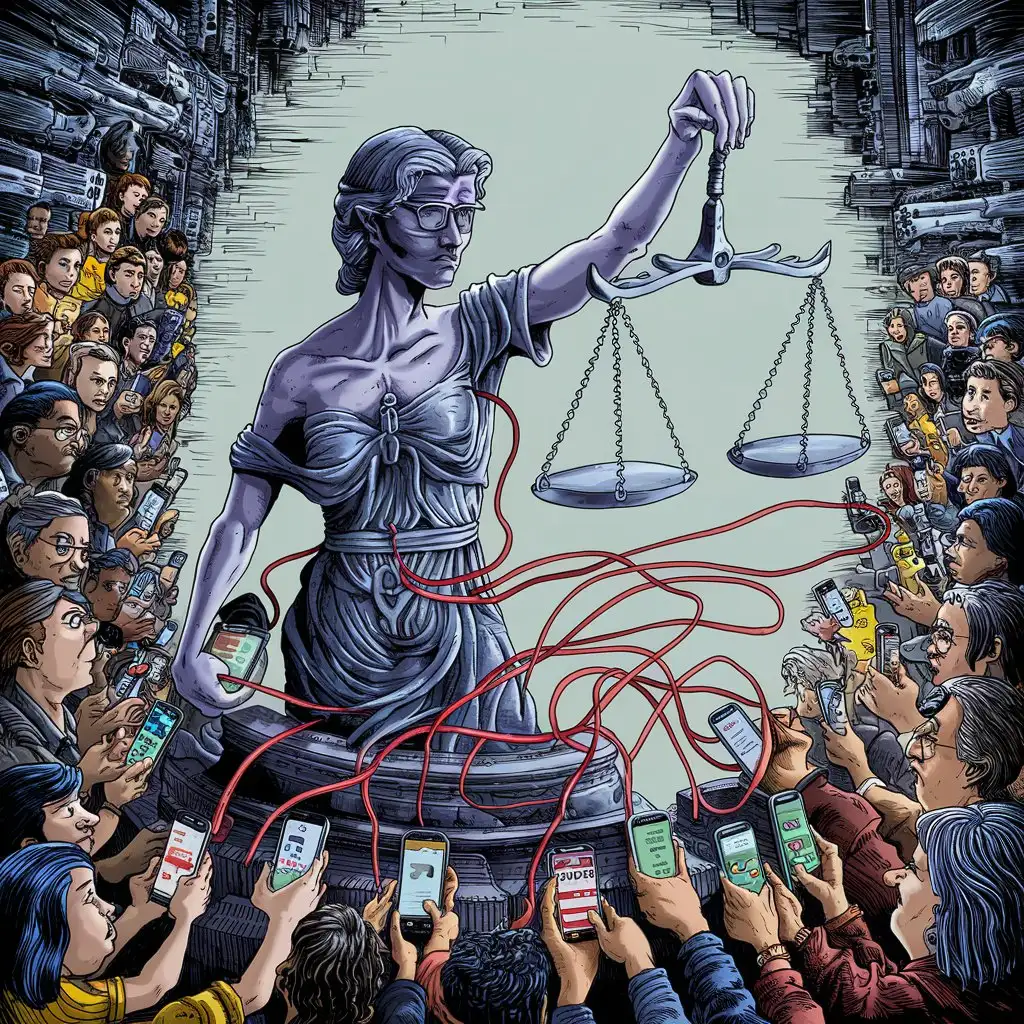 The statue of justice is holding the scales crookedly, a group of people, everyone has a phone in their hand, some have X open, some have Instagram etc. They are trying to balance the scales by pressing the buttons. Their phones are connected to a cable and the cable is connected to the scales, and they are trying to ensure justice.