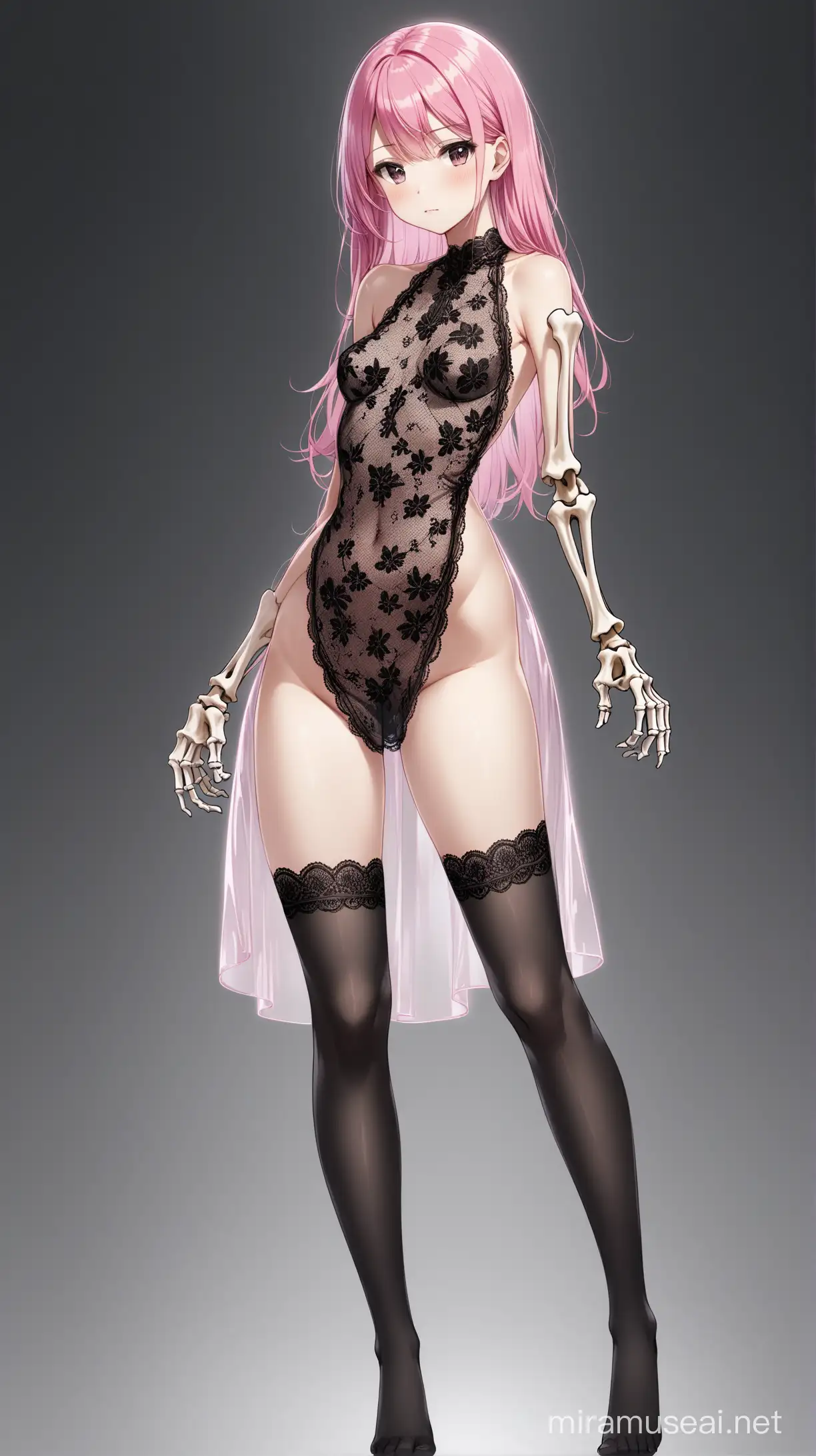 Transparent Dress Girl with Pink Hair and Bone Hand Standing on Dark Gray Background