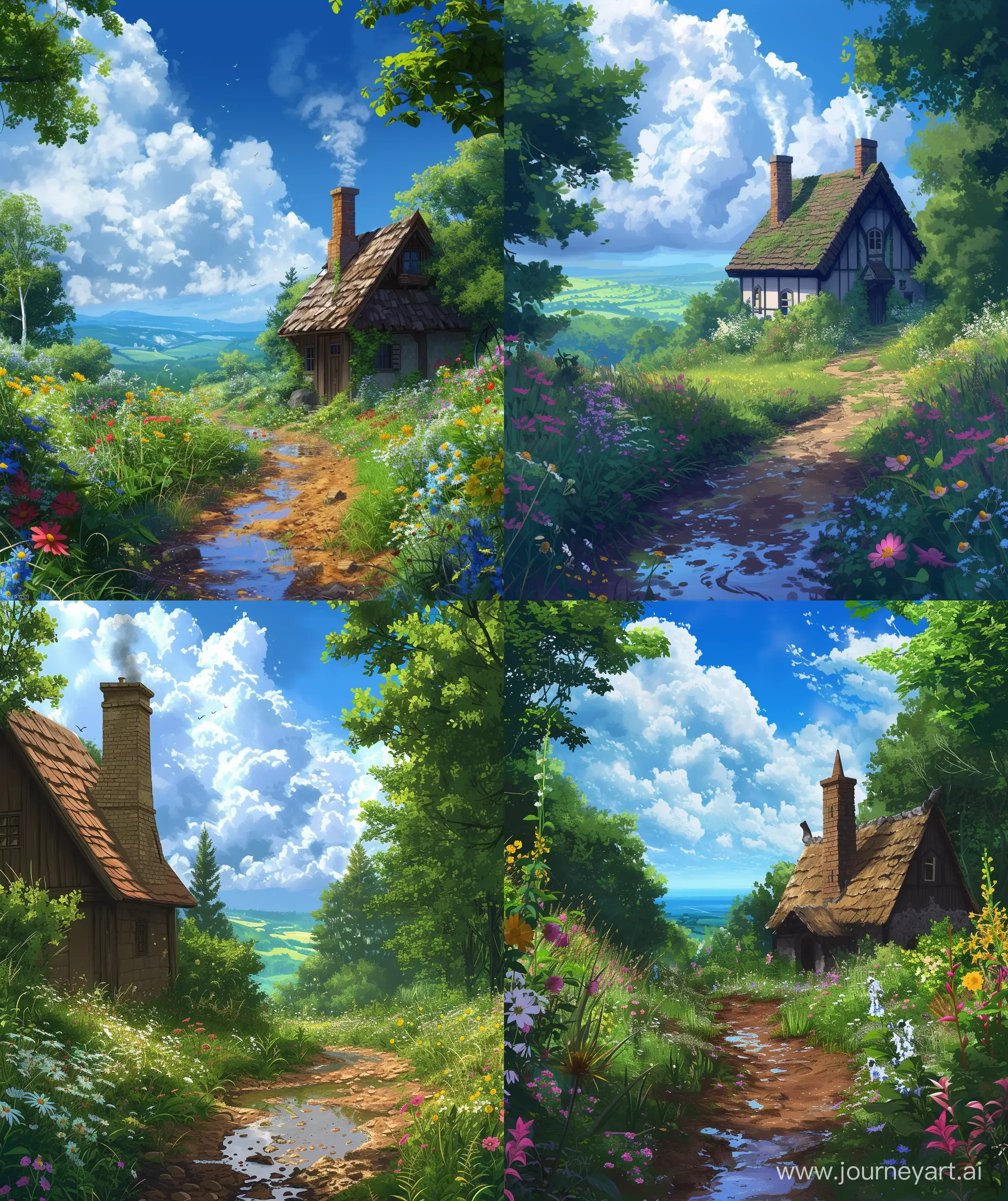 Beautiful anime style witch cozy cottage, chimney, muddy path, wild flower, summer time, beautiful view, ,blue sky, clouds, ultra hd , High quality, --ar 27:32 --v 6.0