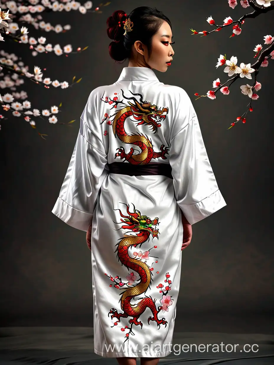 Халат белый с китайским драконом на спине и сакурой спереди и сзади 