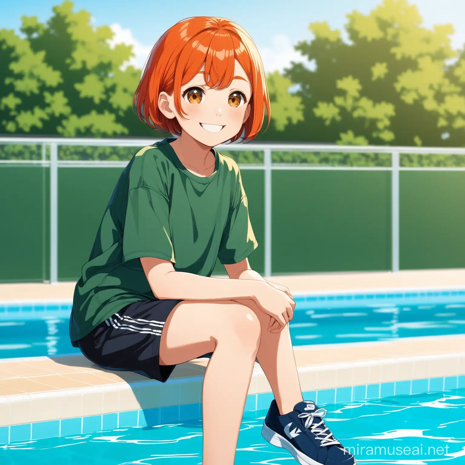 11 year old girl, orange red short hair, baggy dark green shirt, black shorts, navy sneakers, brown eyes, smiling, swimming pool background,   
