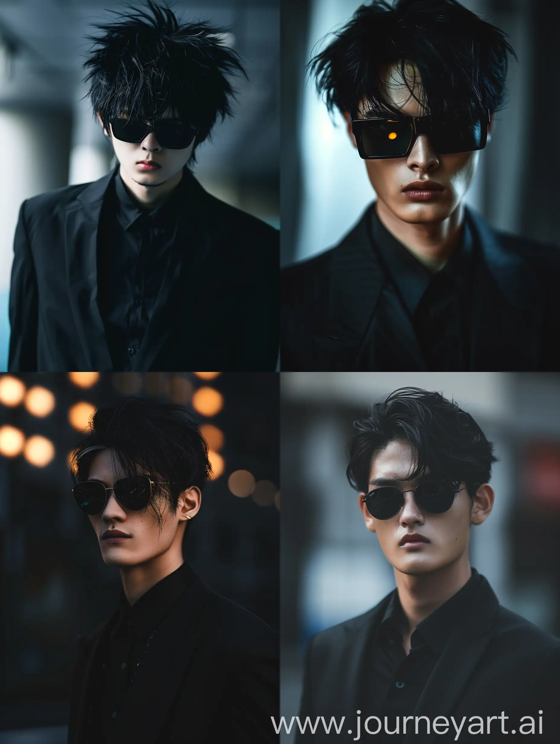 Young handsome fit man with black hair stubbed, wearing black sunglass, uhd, 8k, anime, flat dark background with blurred, portrait, black suited front portrait, cool look, distant view