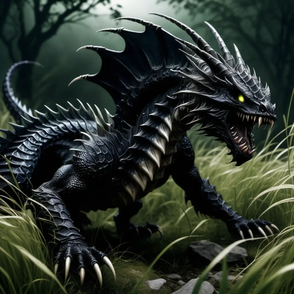 Black wyrm, long and scaled, four clawed feet, spinal fin along its back, wide jaws, sharp teeth, long grass setting, dark fantasy