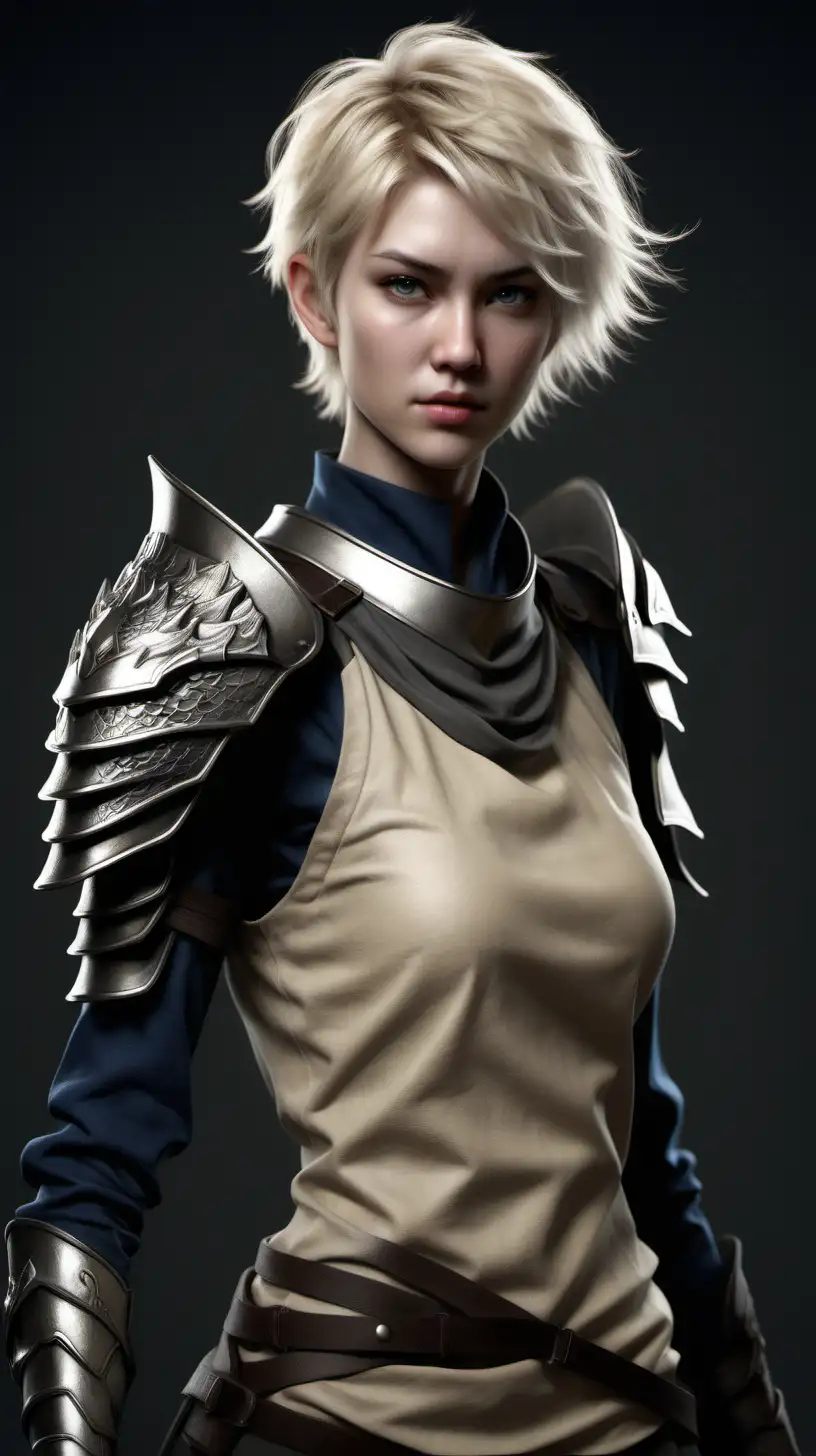 Photo realistic female nordic pretty young tall androgyn, fit, short messy blonde hair, half-dragon ronin 
