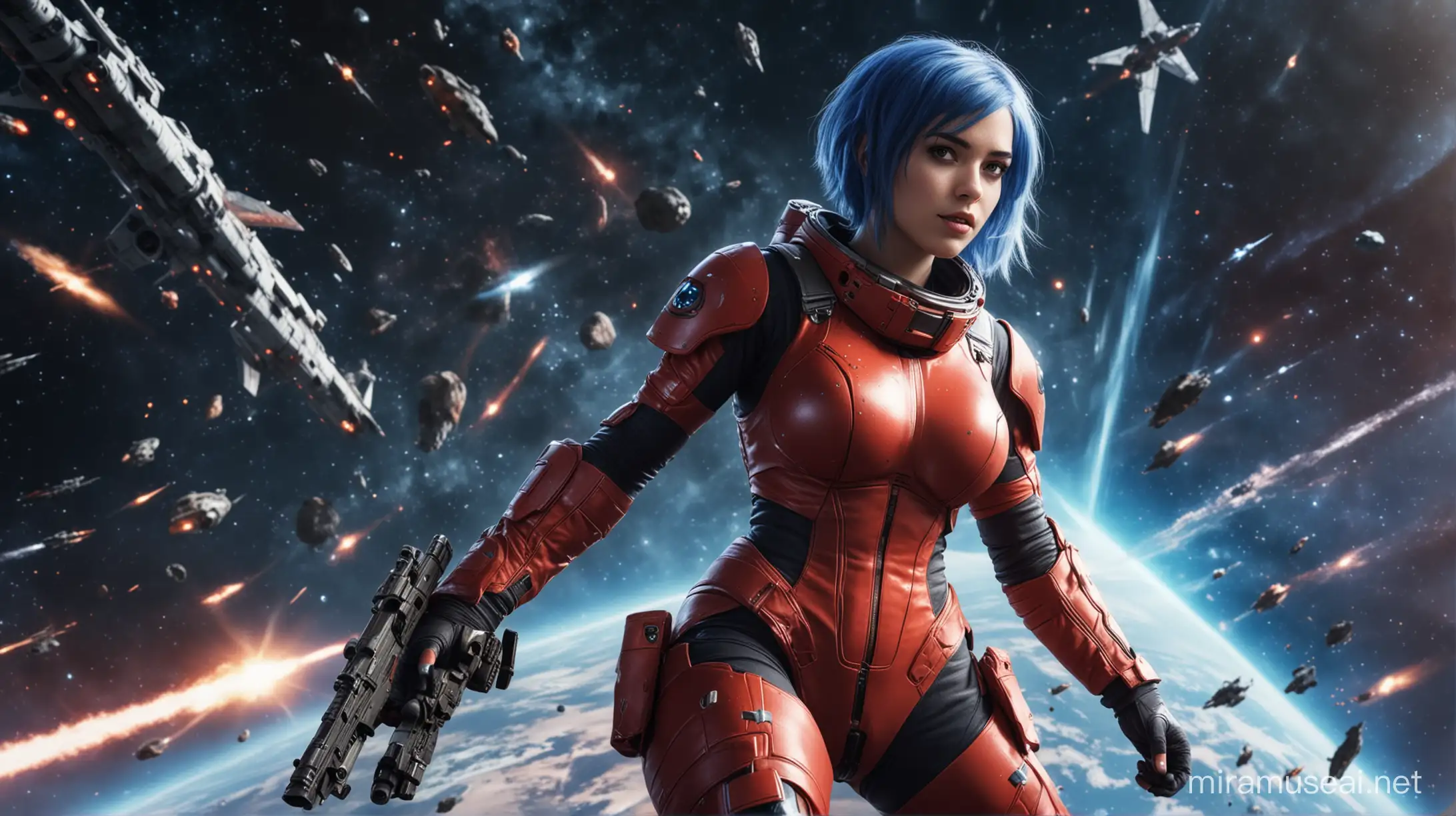 девушка с синими волосами с большой грудью в обтягивающем красном скафандре без шлема с оружием в руках на фоне космической битвы