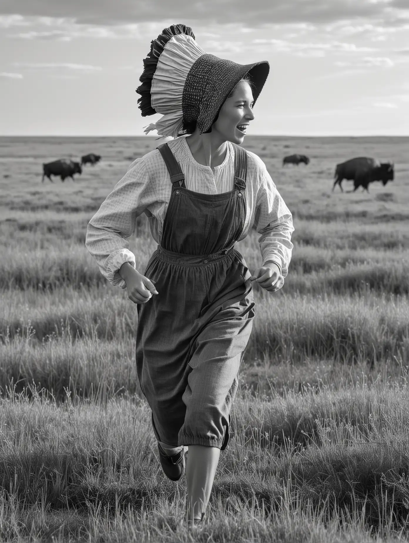 A woman runs through the prairie. She is a pioneer and wears a bonnet. There are buffalo in the background. She is seen from the side.  In black and white. 