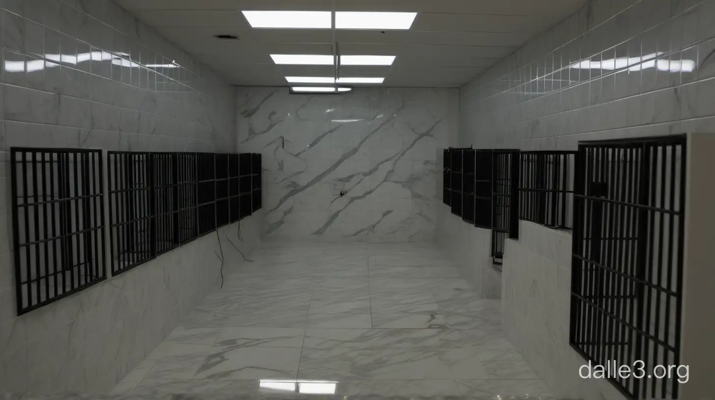 A dog cage in a completely sterile environment. There is white marble tiles for flooring and the only source of light is the hallway lights. The other walls are completely solid. There are no windows.