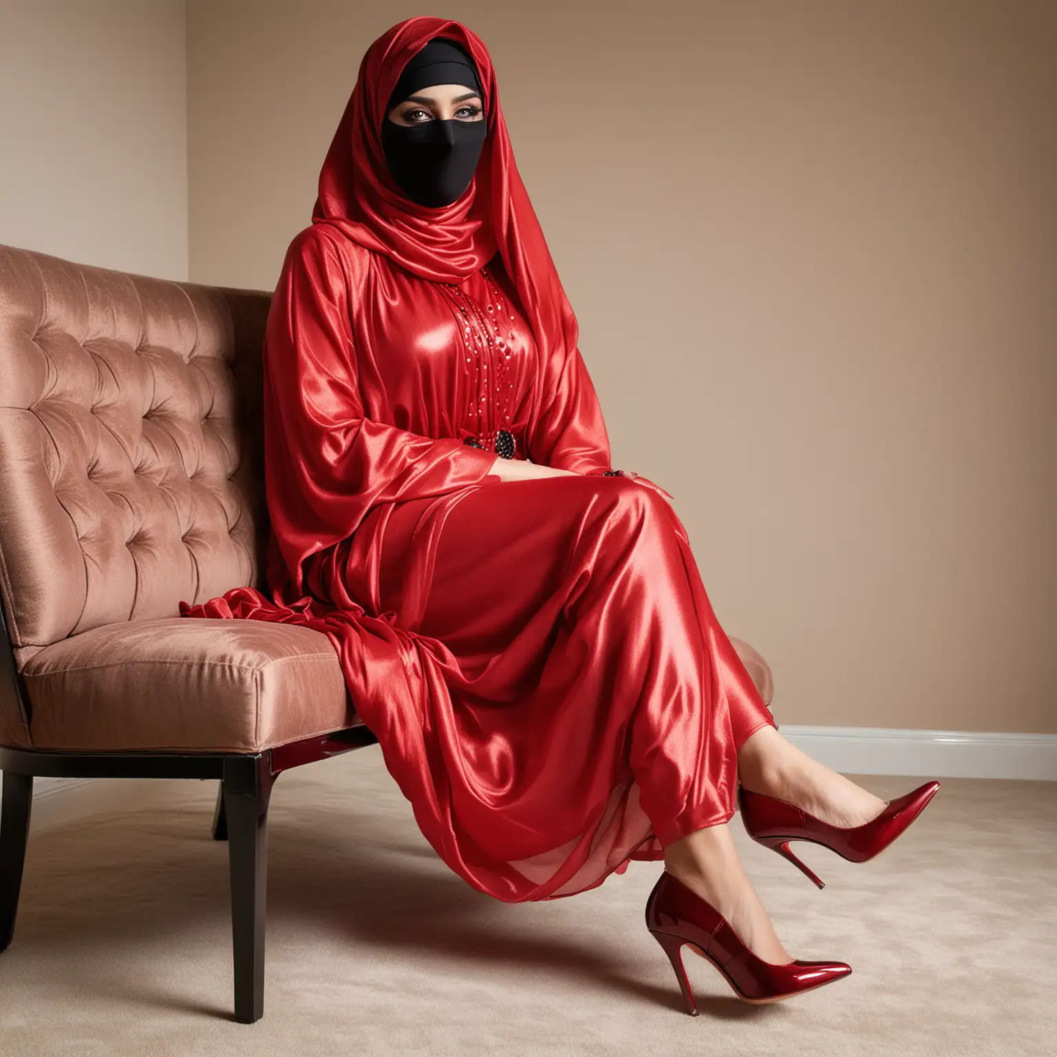 Niqabi muslimah in heavy makeup wearing a red shiny metallic silk chiffon hijab and kaftan. The metallic niqab’s long, loose, drapey fabric hides her face and she’s wearing 5” Louboutin patent leather heels 