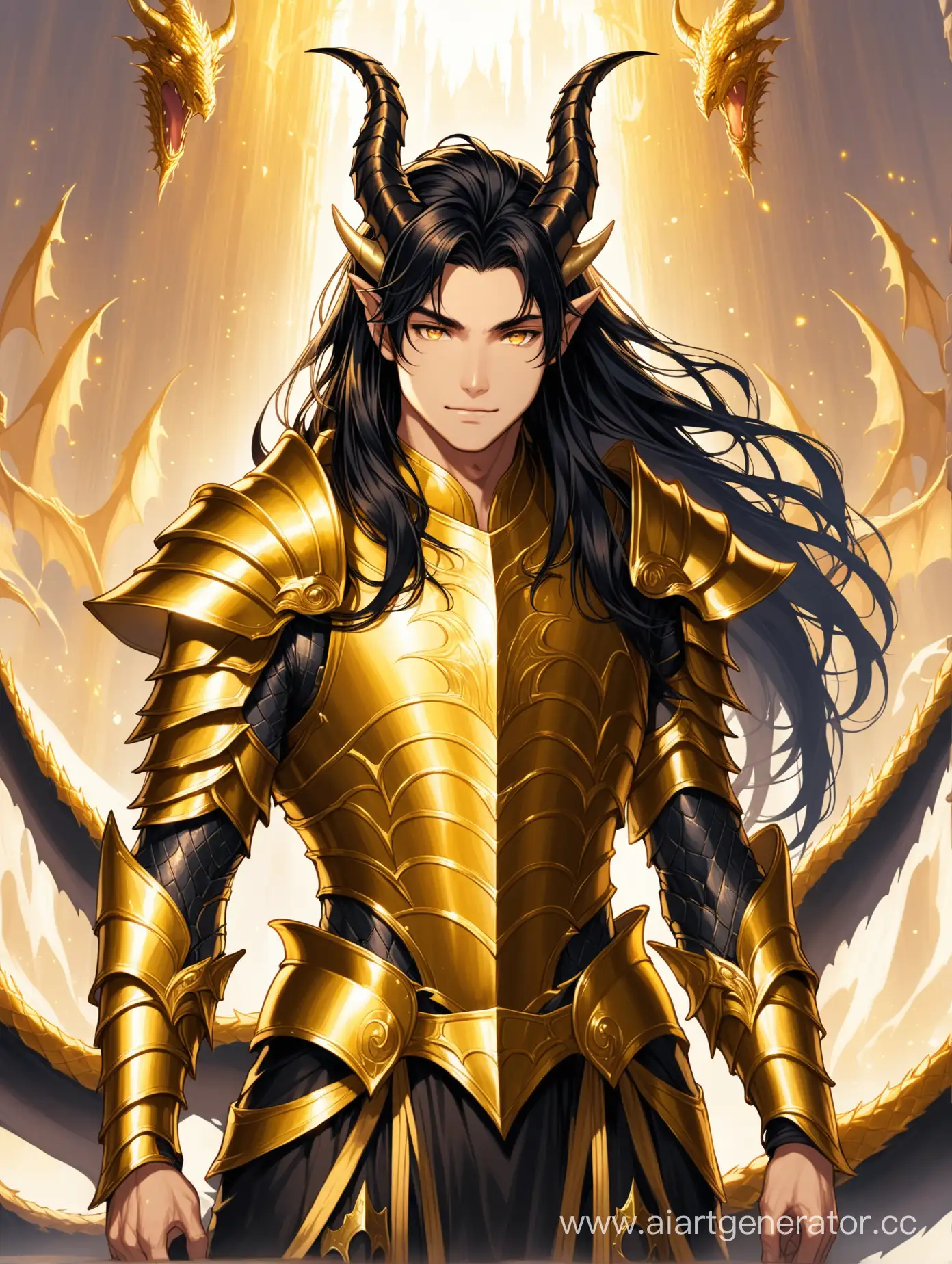 Kind-HalfDragon-Man-in-Black-and-Gold-Armor-Fantasy-World-Portrait