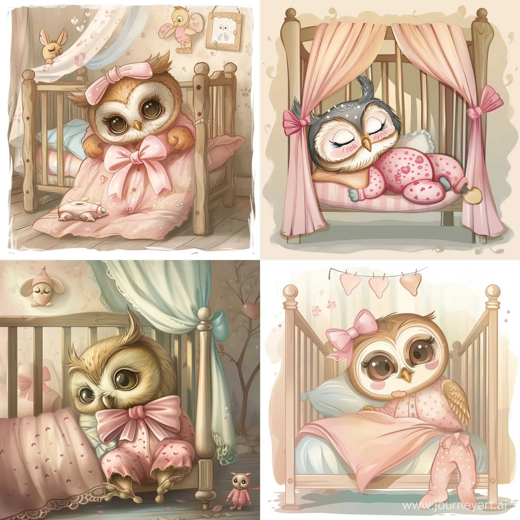 милая совушка идёт спать в кровать, с розовым бантиком, в розовой пижаме, рядом с кроваткой, сладких снов малышка, в романтическом стиле, в стиле мультика disney