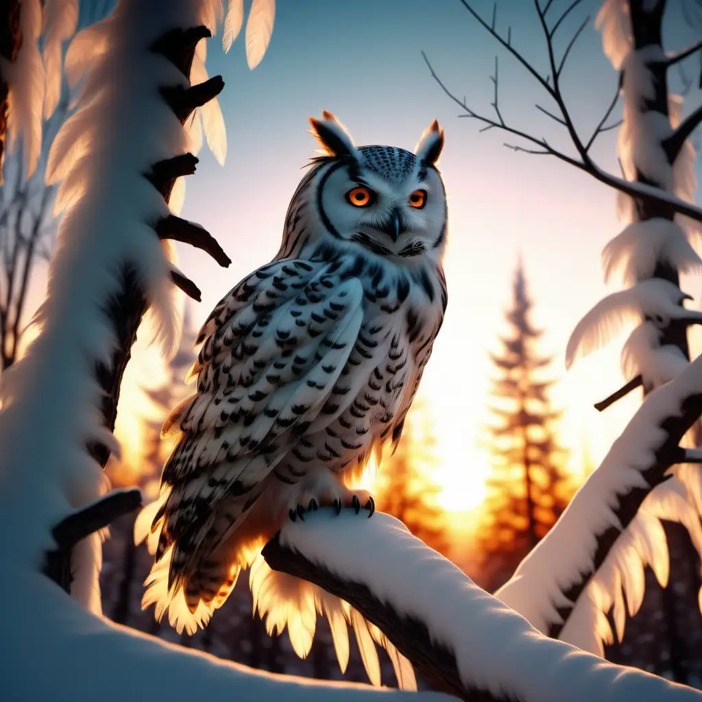 A scenic snowy forest. silhouette of owl sitting in tree, texture feathers, sunset light, 1080f resolution, ultra 4K, high definition, volumetric light