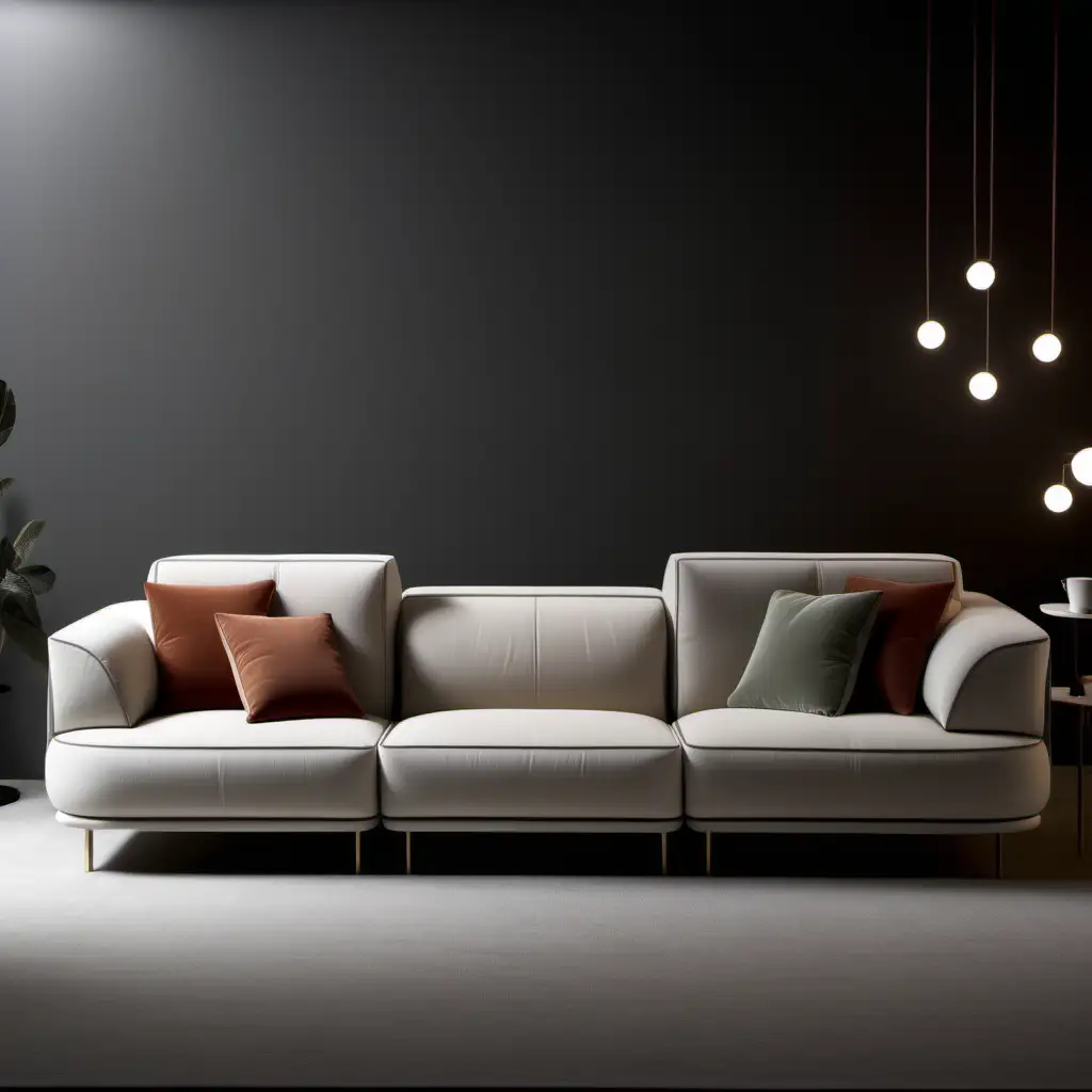 Italian sofa, 3 seats, lapel details, modern lines, modular, compact design, soft style, Scandinavian touches, 12 centimeters above the ground, showroom background, design compatible with the furniture, arm details with hidden coffee table, ultra realistic,ambiance lights.