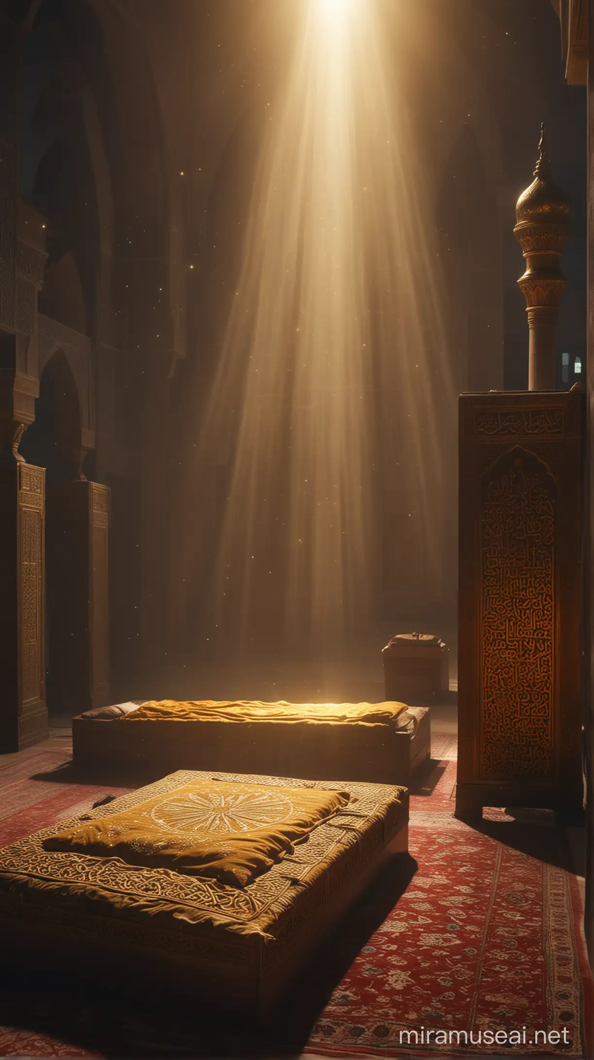 An evocative scene capturing the spiritual presence of Muhammad, with rays of golden light emanating from his resting place, illuminating the darkness and inspiring reverence and devotion in those who behold it.






, 4K HD with islamic tradition