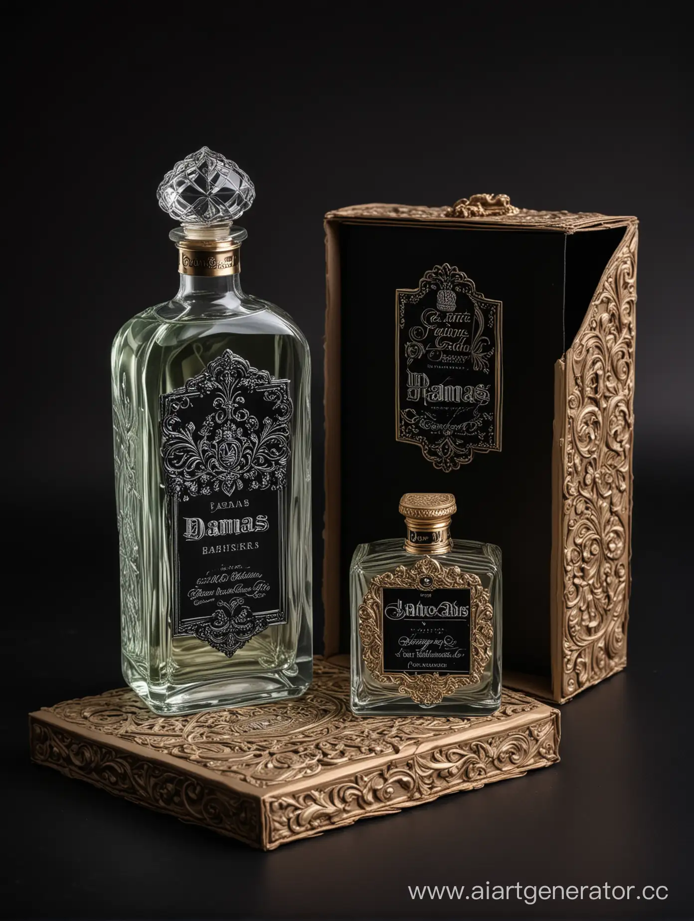 a bottle of damas cologne sitting next to a box, a flemish Baroque by Demetrios Farmakopoulos, instagram contest winner, dau-al-set, dynamic composition, contest winner, feminine
black background