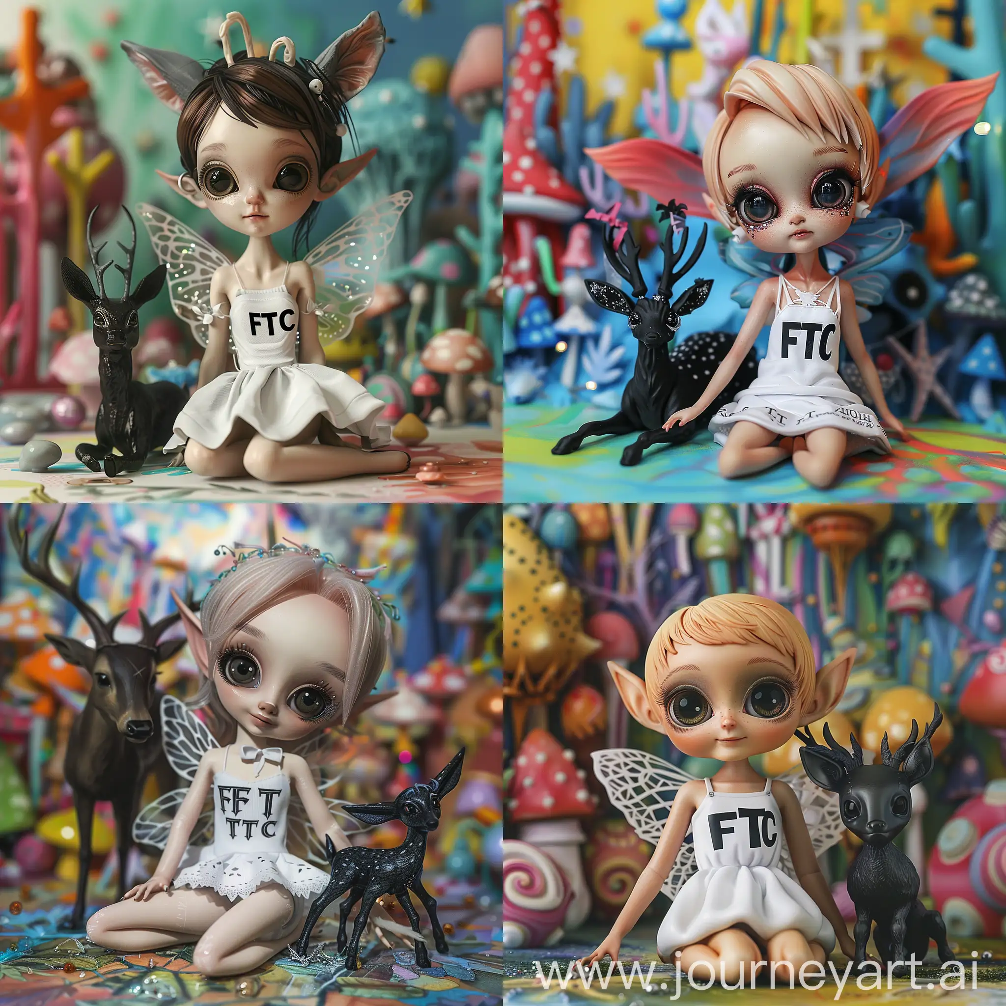 Pixie-Fairy-with-FTC-Print-Dress-Sitting-with-Black-Deer-in-Nathalie-Shau-Gothic-Style