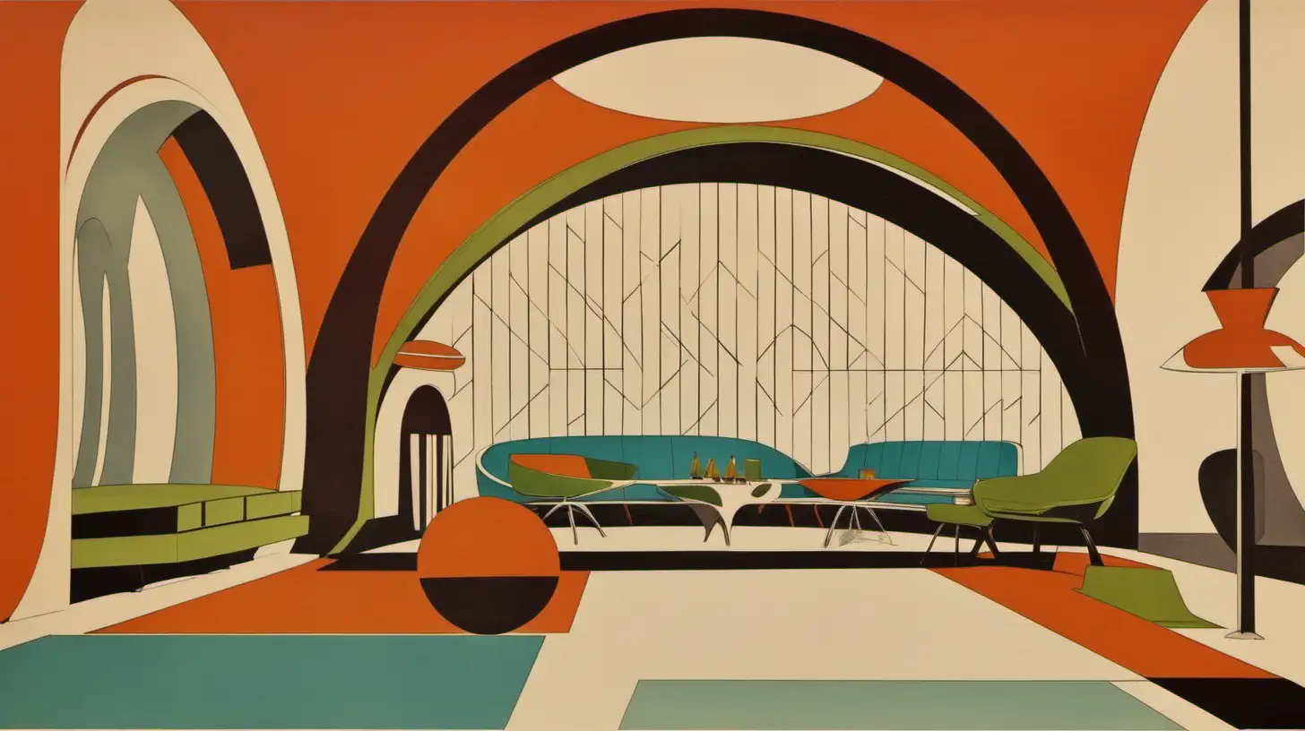 mid-century modern, 1960s, geometric shapes, archs, circles