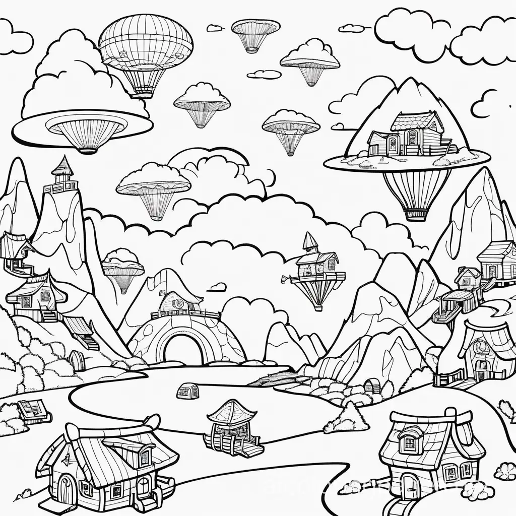 Illustrate a sky filled with floating islands, each with its own fantastical landscape.
, Coloring Page, black and white, line art, white background, Simplicity, Ample White Space. The background of the coloring page is plain white to make it easy for young children to color within the lines. The outlines of all the subjects are easy to distinguish, making it simple for kids to color without too much difficulty