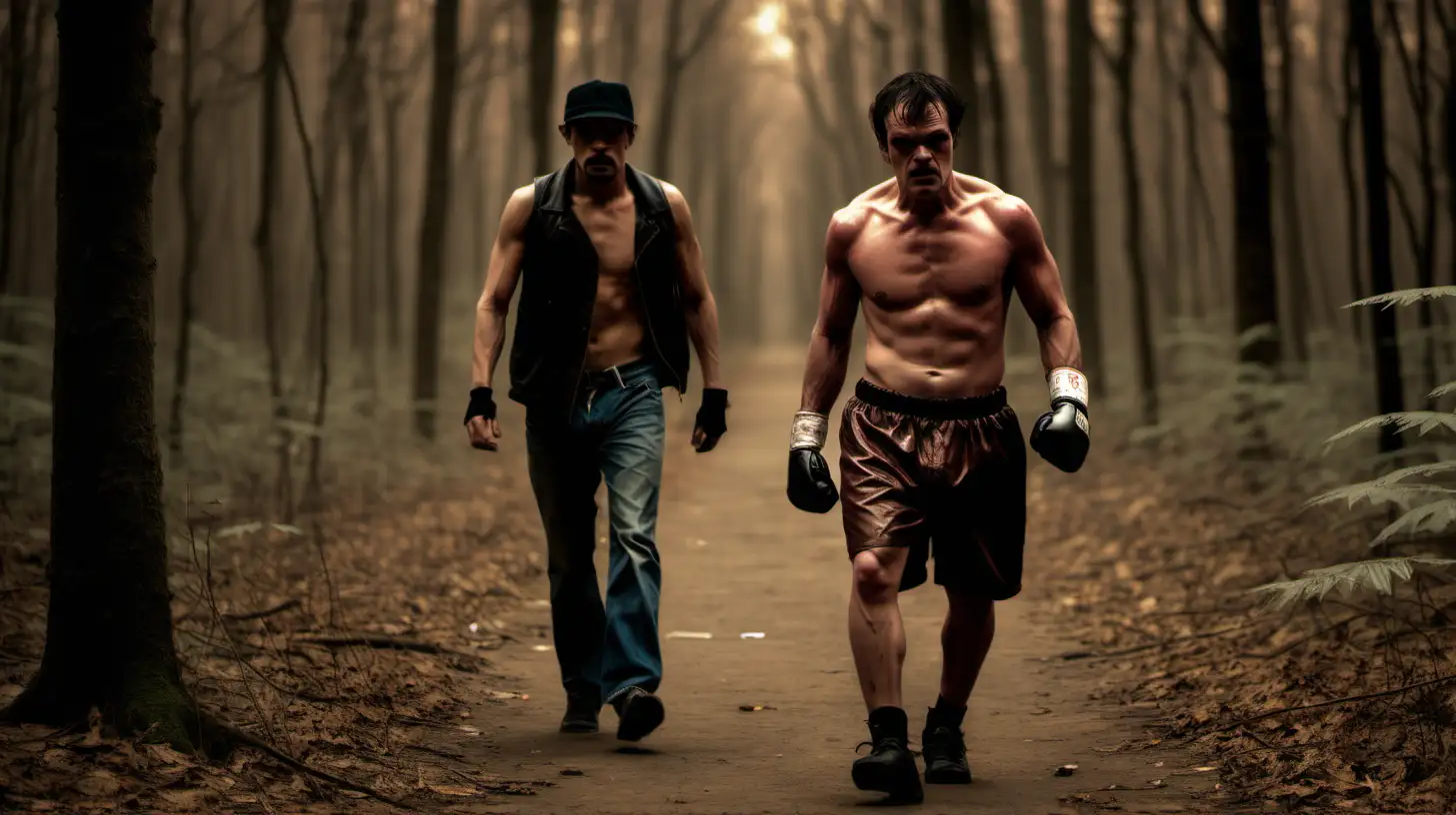 One male  boxer walk and tolk with one male  drug addict  in the forest. Like Quentin Tarantino movies style.
