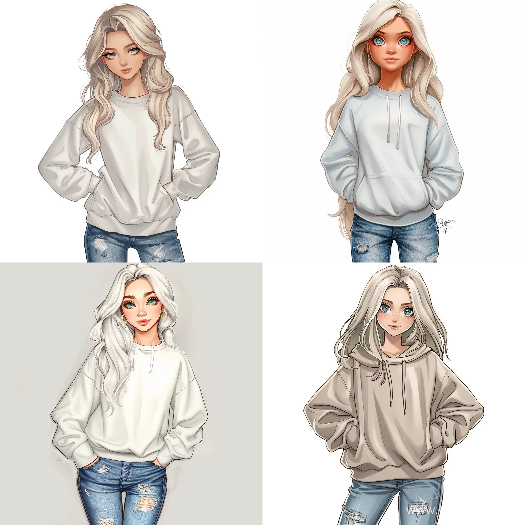 Beautiful girl, blonde hair, gray-blue eyes, white skin, teenager, 15 years old, jeans and oversize sweatshirt, high quality, high detail, cartoon art