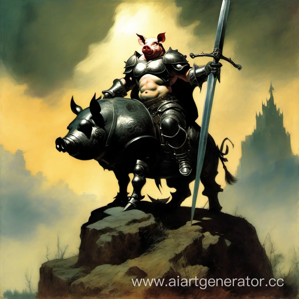 Frank frazetta style. pig in the middle age armor. on the top of the hill  pointing the sword toward the black dragon on the background 

