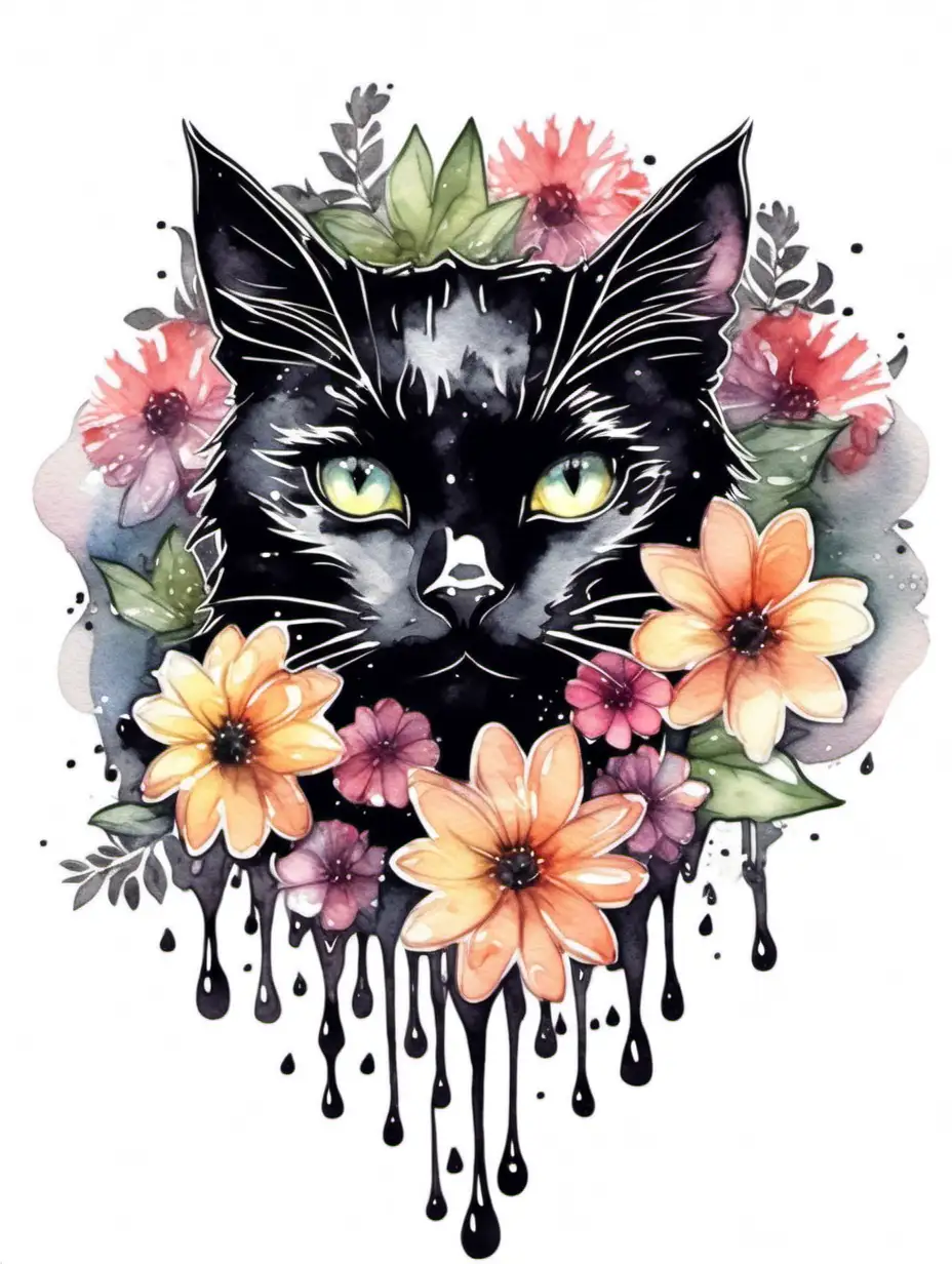 beautiful black cat head, flower ornament, dripping effect, watercolor, sticker art