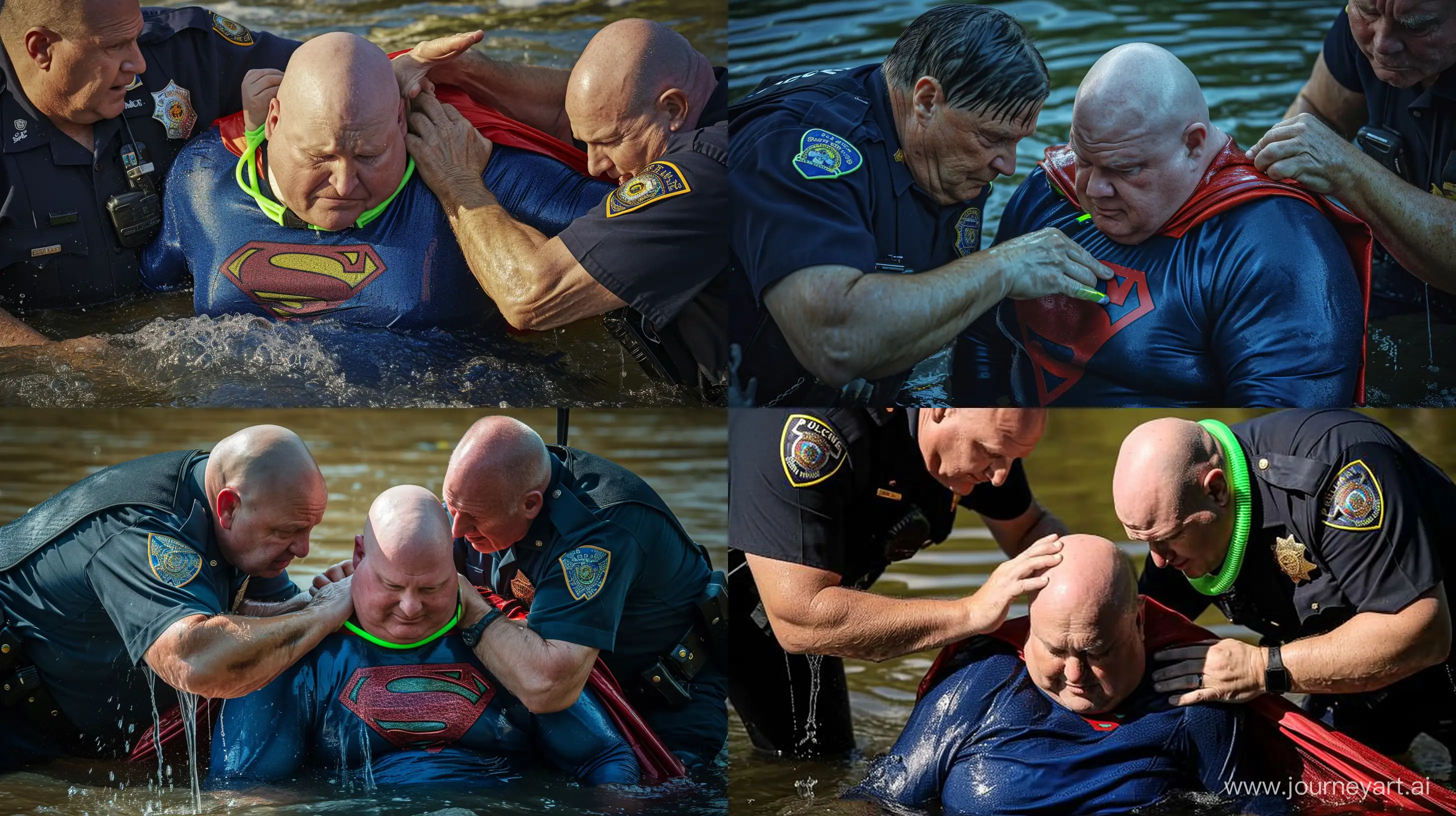Closeup photo of two chubby man aged 60 wearing a wet navy police uniforms, bending and tightening a wide green neon short dog collar around the head of another chubby man aged 60 sitting in water and wearing a tight blue silky soft superman costume with a large red cape. River. Bald. Clean Shaven. --style raw --ar 16:9 --v 6