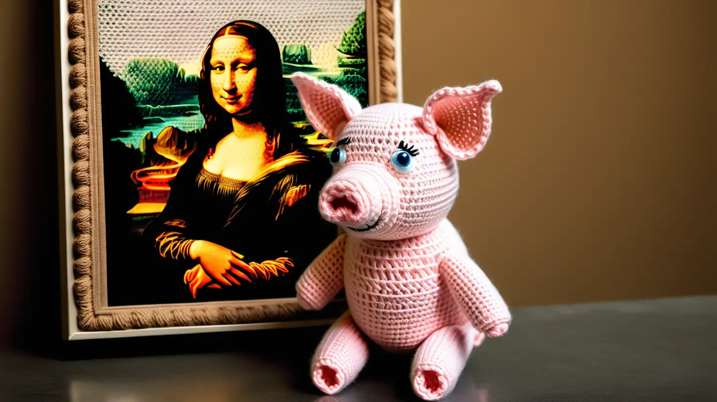 Pig made with crochet looking at the Mona Lisa painting made with crochet --style scenic