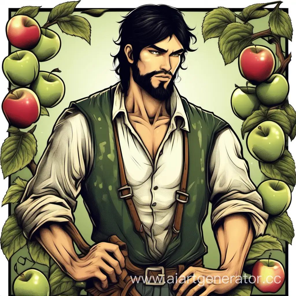 Молодой крепкий парень фермер яблонь, черные волосы, короткая борода, фэнтези слегка бедная одежда
