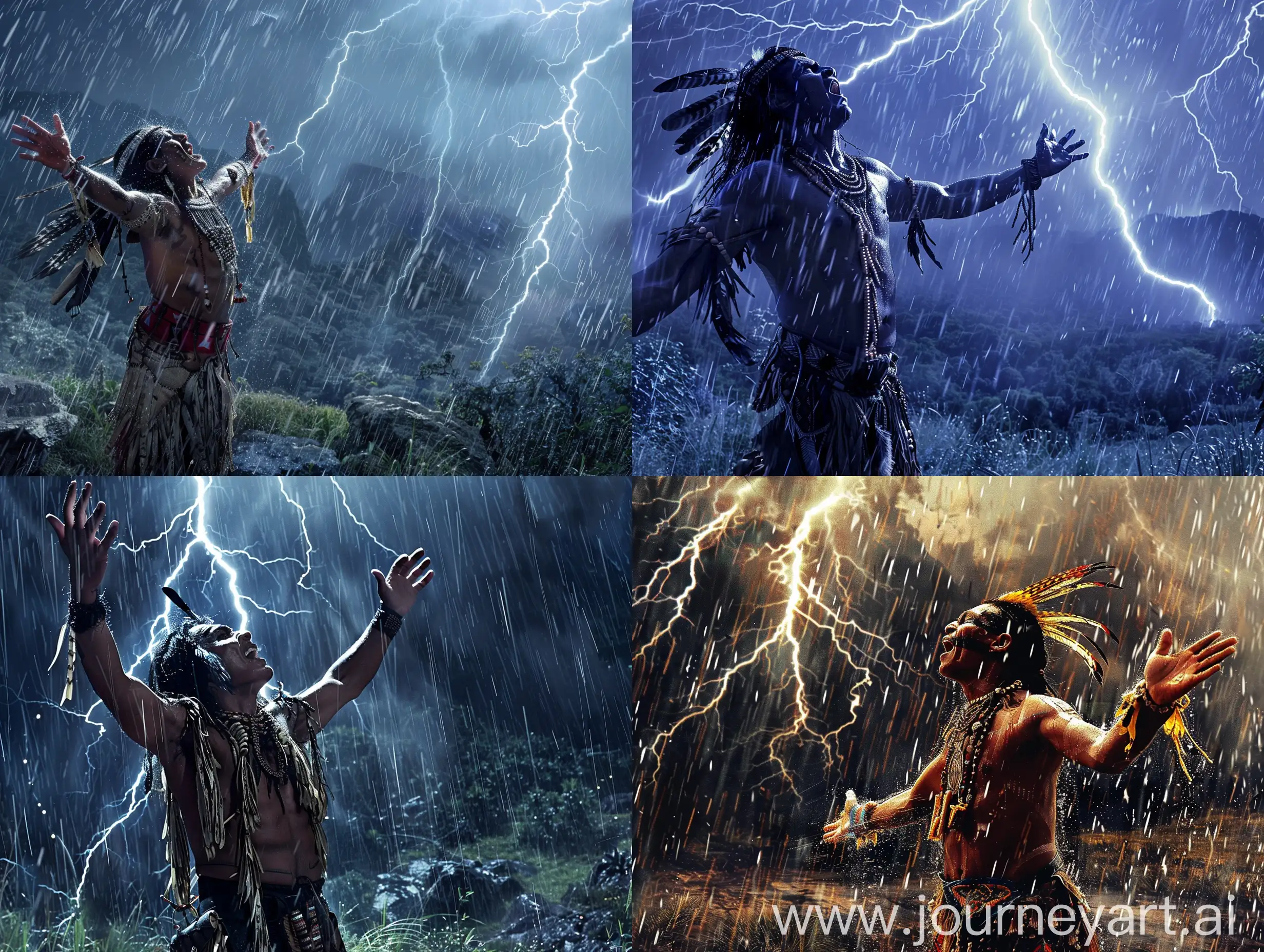Cinematográfica. Un guerrero nativo sudamericano gritando al cielo con sus brazos extendidos, en un valle, de noche, llueve mucho, hay relámpagos.