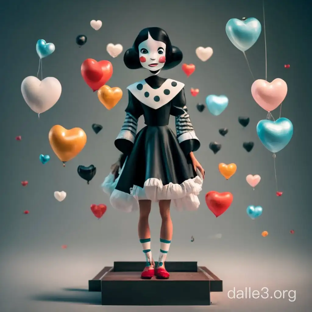 Full body Pixar-style. beautiful japanese girl, transformed into wooden mime puppet, beautiful eyes, shiny black nose, long straight black hair, snow-white wooden face, snow-white wooden skin, big smiles, shiny black and white robe sweetheart neckline, puffy shiny skirt, long satin gloves, bows, heart balloons, in convention 