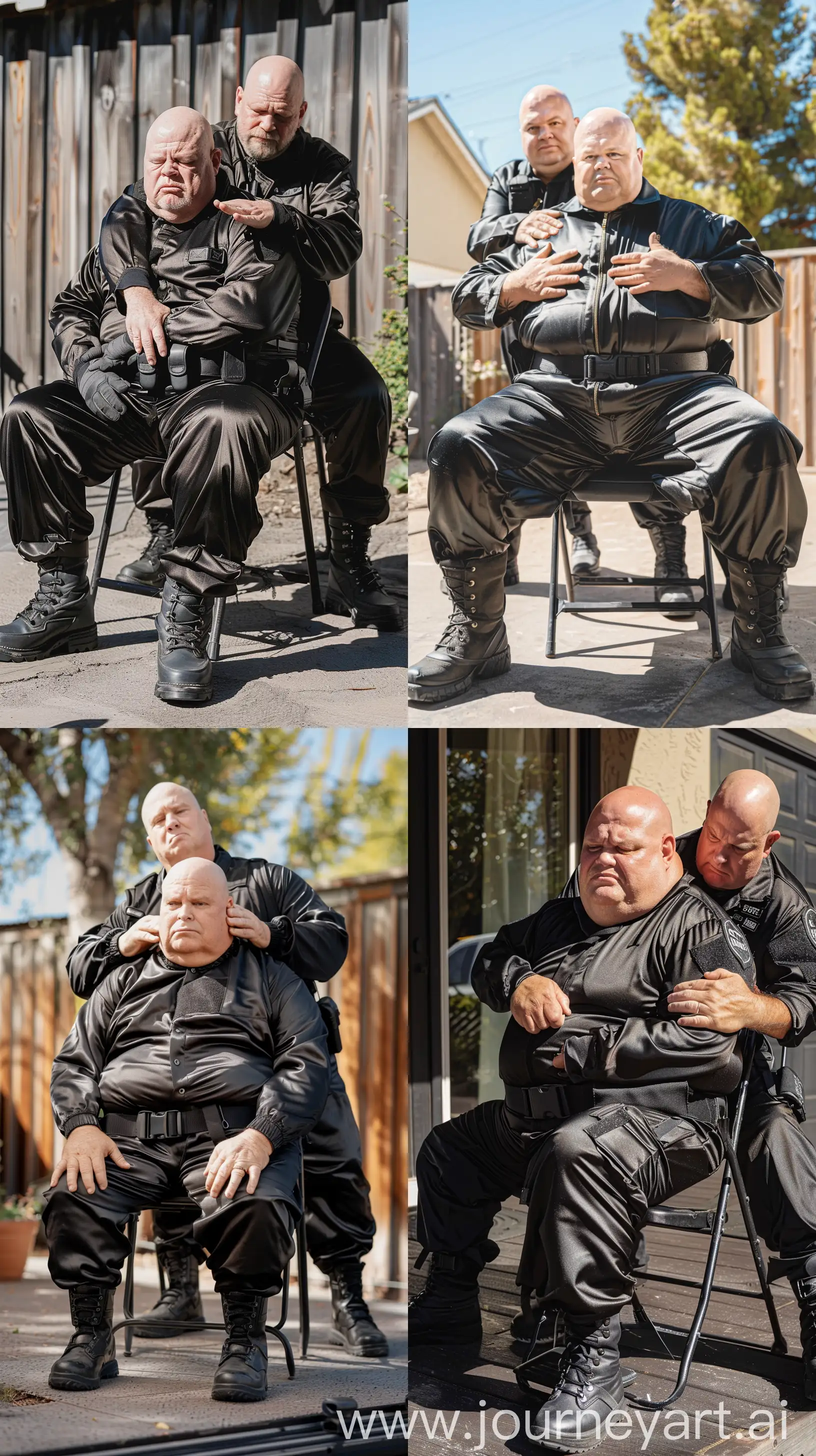 Photo of two very fat man aged 60 wearing a silk black security guard skinny-fitted full coverall tucked in black tactical hiking boots. Black tactical belt. The first man is sitting in a chair. The second man is behind and placing his hands on the thigh of the first man. Outside. Bald. Clean Shaven. Natural light. --style raw --ar 9:16