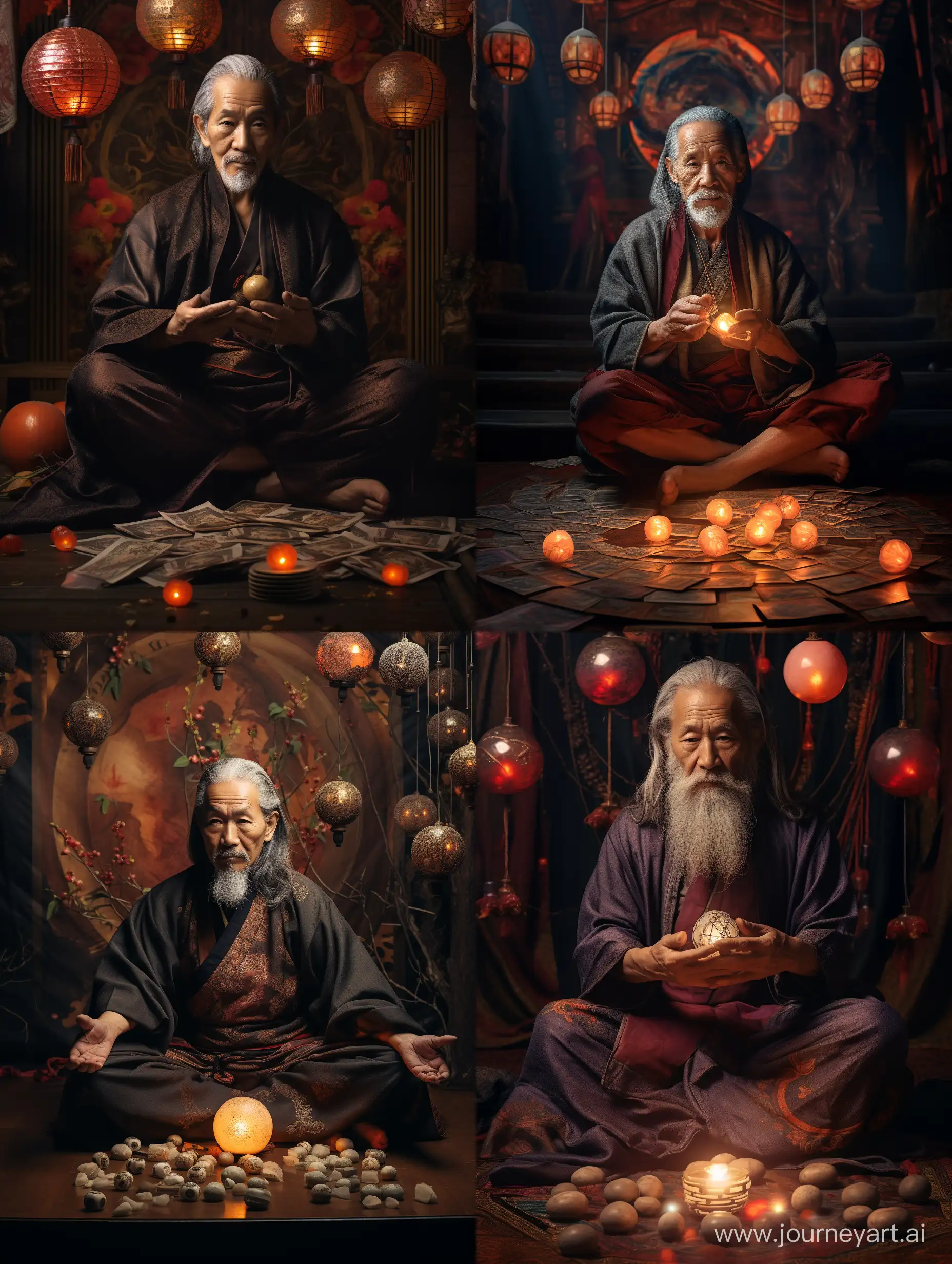 Chinese sage, 79 years old, sitting in the lotus position, holding a magic ball in his hand, tarot cards scattered on the floor, looking at the ball, 4k, high detail, warm lighting, dark colors, Medium Shot