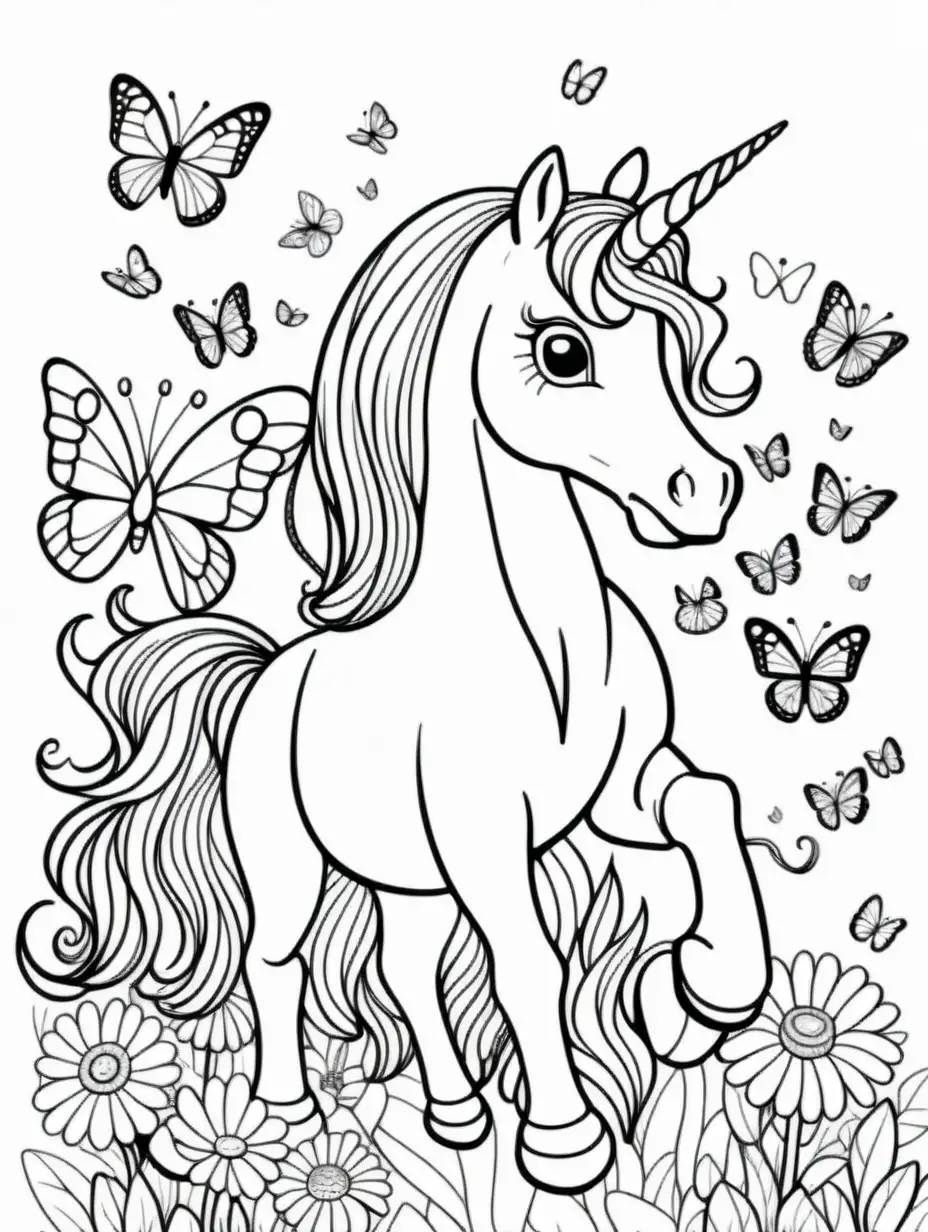 b/w outline art for kids coloring book page unicorn playing with butterflies (((((white background))))). Only use outline, cartoon style, line art, coloring book, clean line art, sketch style, line art