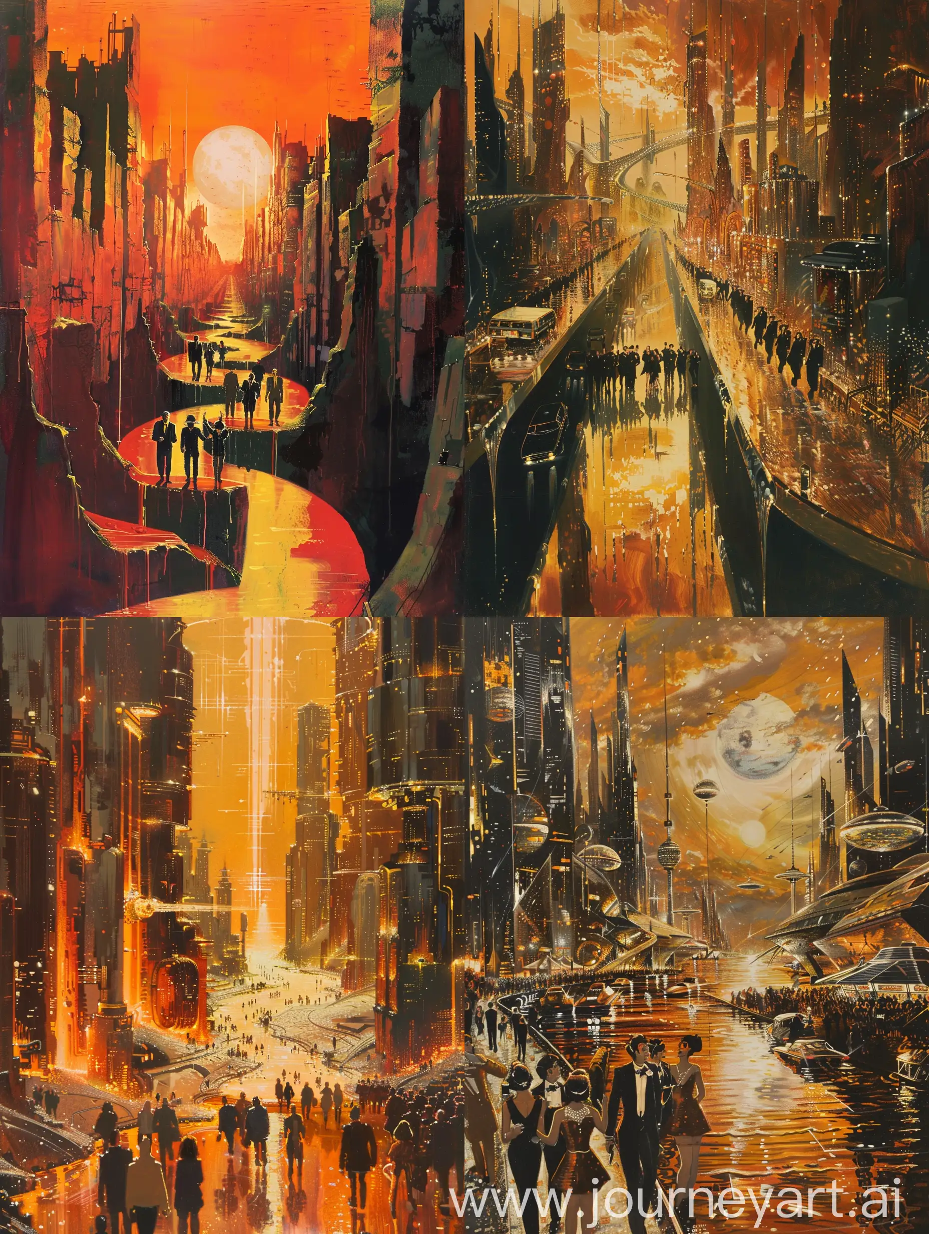 1970s sci fi painting, a metropolis with canals of liquid metal, golden hour, celebrities arriving at a party