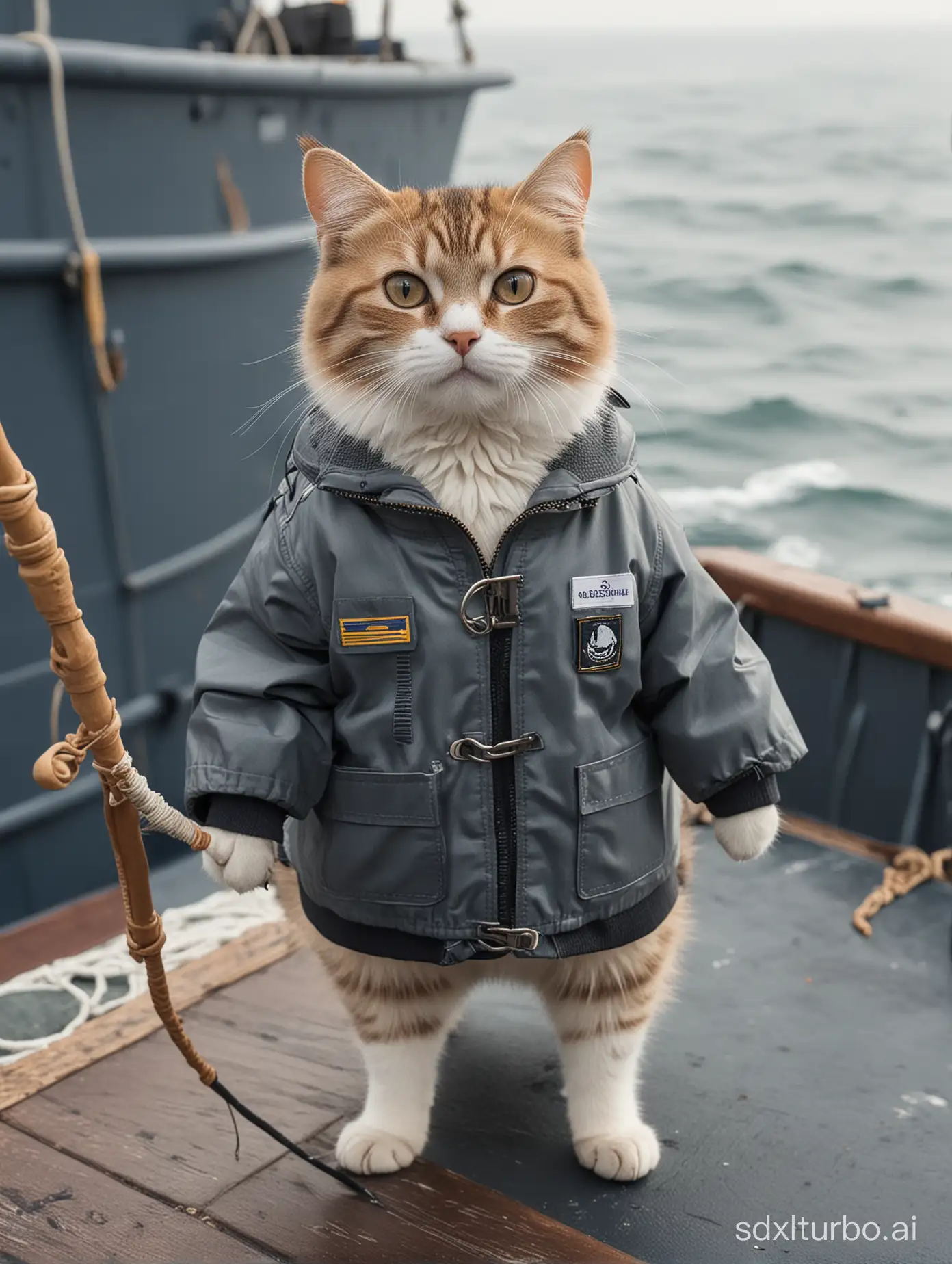 A little cat, wearing a jacket, standing on the ship's side fishing, looking at the camera, master-level