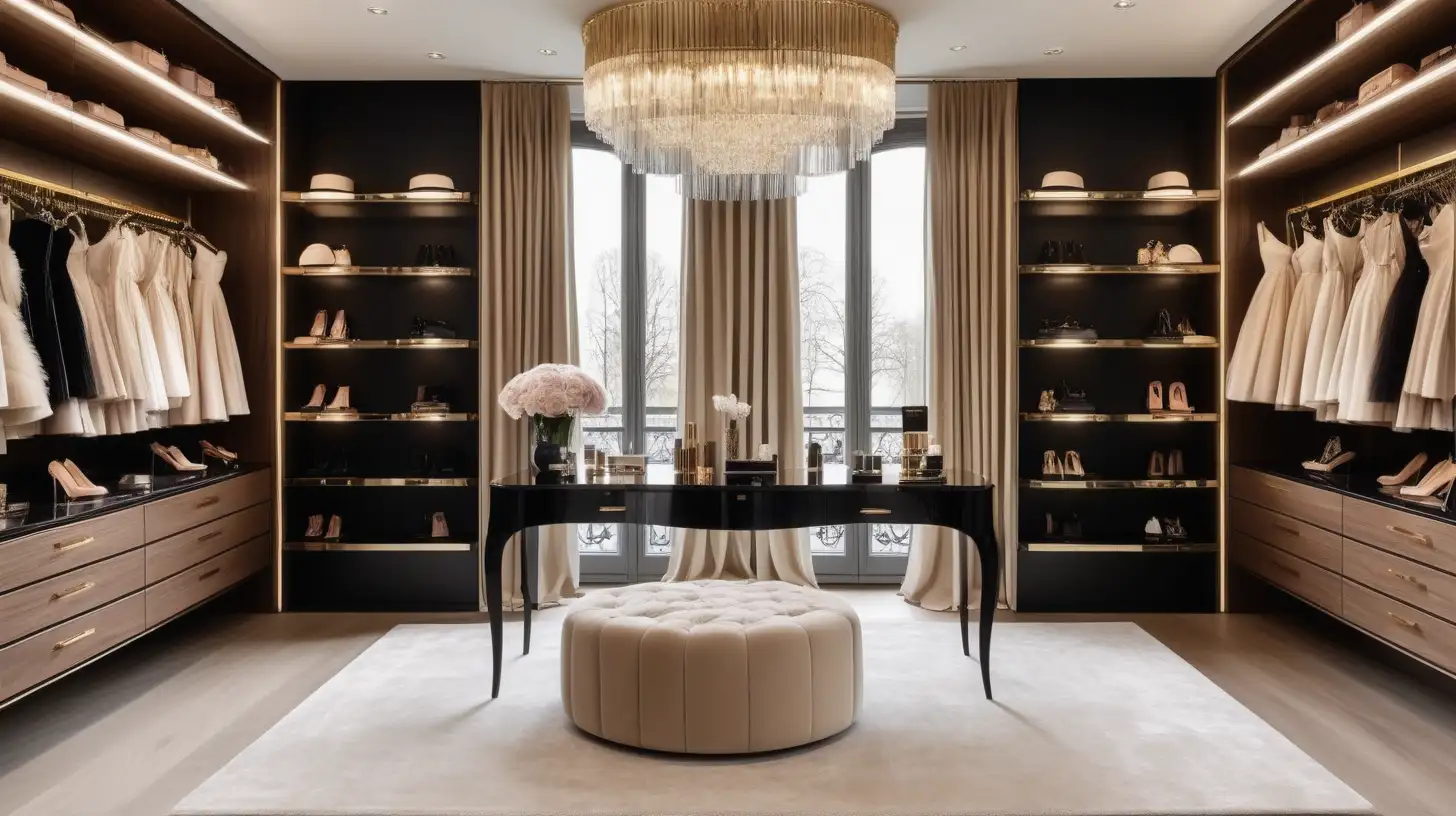 Modern Parisian Dressing room with vanity table with lights and big mirror; floor to ceiling window with curtains; hanging gowns; shelves of designer shoes; shelves of designer bags and hats; elegant beauty products and perfumes on vanity; modern chandelier; large room; beige, walnut wood, brass, black colour palette;