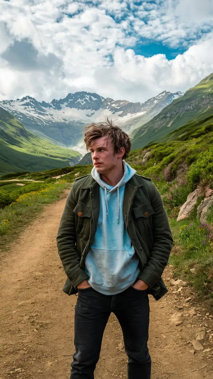 Imagine a young man with tousled hair, looking pensive, standing on a dirt path in a verdant mountain valley. Behind him rise majestic peaks capped with snow, and the sky is a tapestry of white clouds. He's wearing a casual yet rugged outfit with a green military-style jacket over a light blue hoodie and dark jeans. His hands are tucked into his pockets as he seems to be contemplating his next step, surrounded by wildflowers and the untamed beauty of nature.






